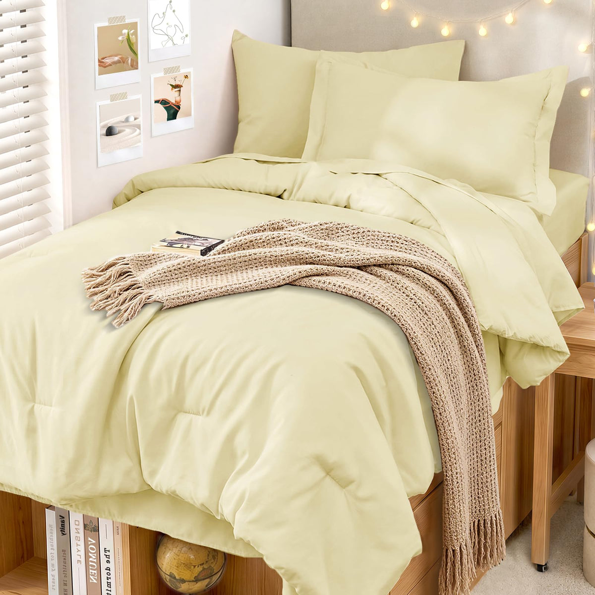 MUXHOMO King Comforter Set 7 Pieces, Soft Bed in a Bag, Beige