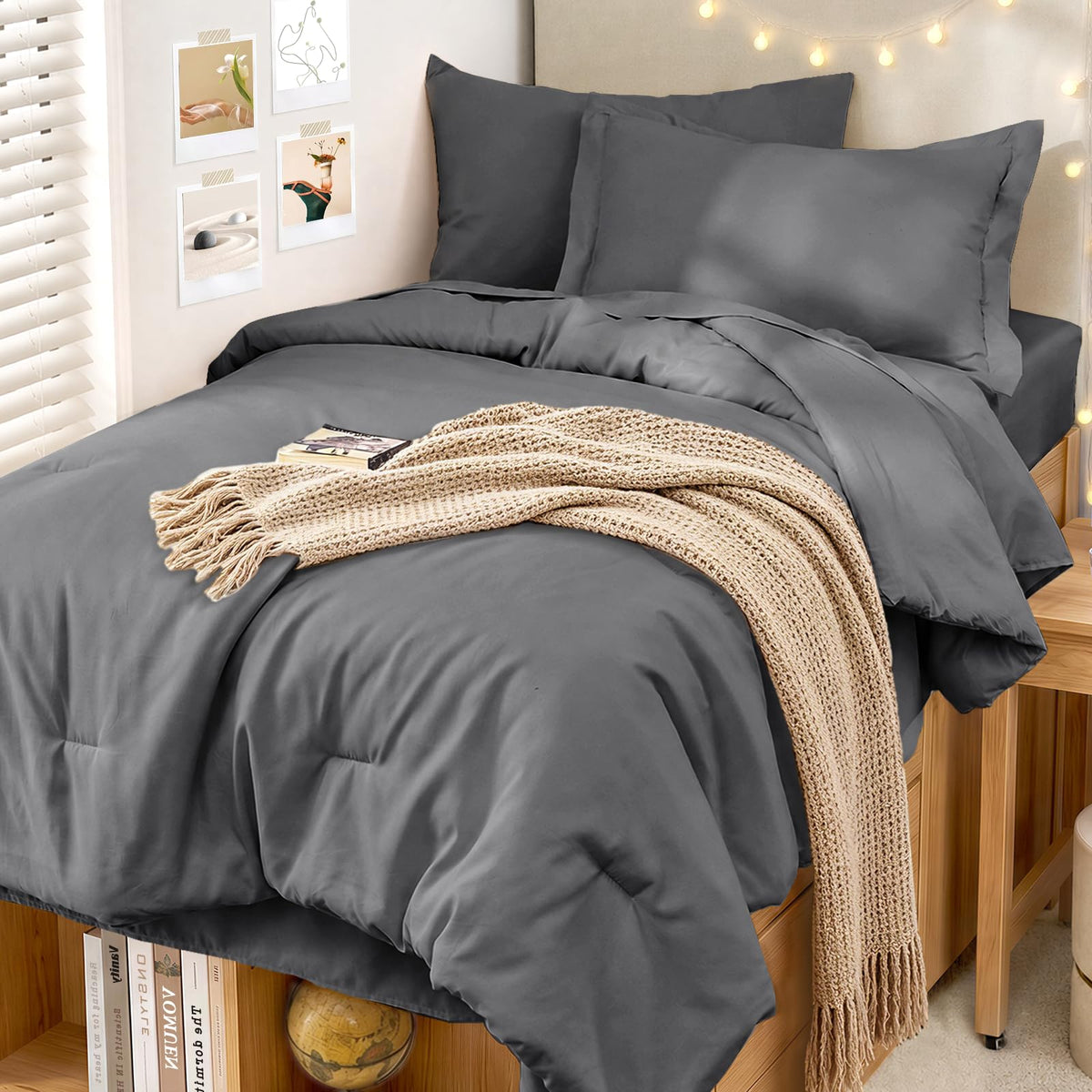 MUXHOMO King Comforter Set 7 Pieces, Soft Bed in a Bag, Beige