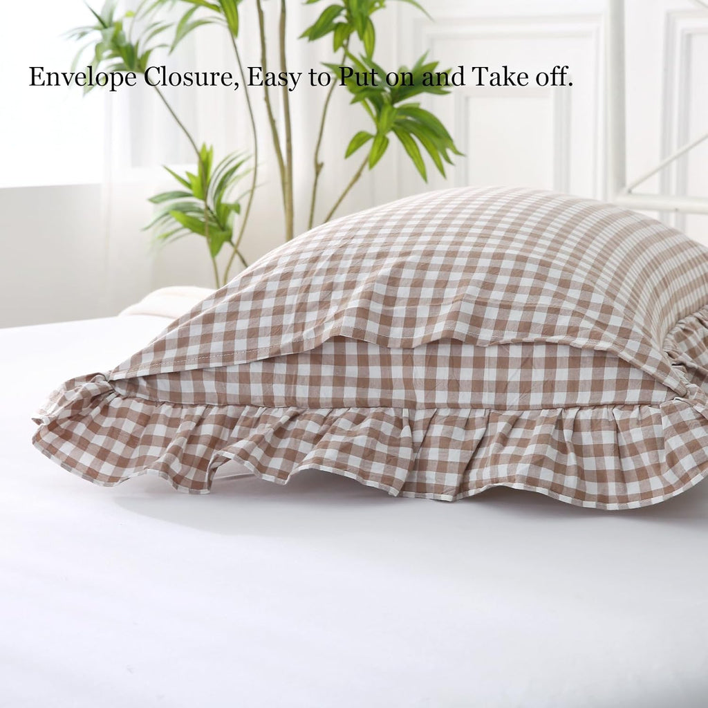Silnuo Taupe/White Gingham Plaid Ruffled Pillow Covers Queen Size Set of 2