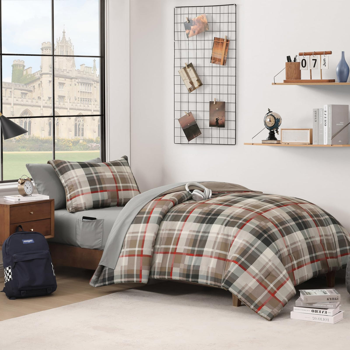 MaiRêve Plaid Queen Comforter Set Navy Blue 7 Pieces Bed in a Bag