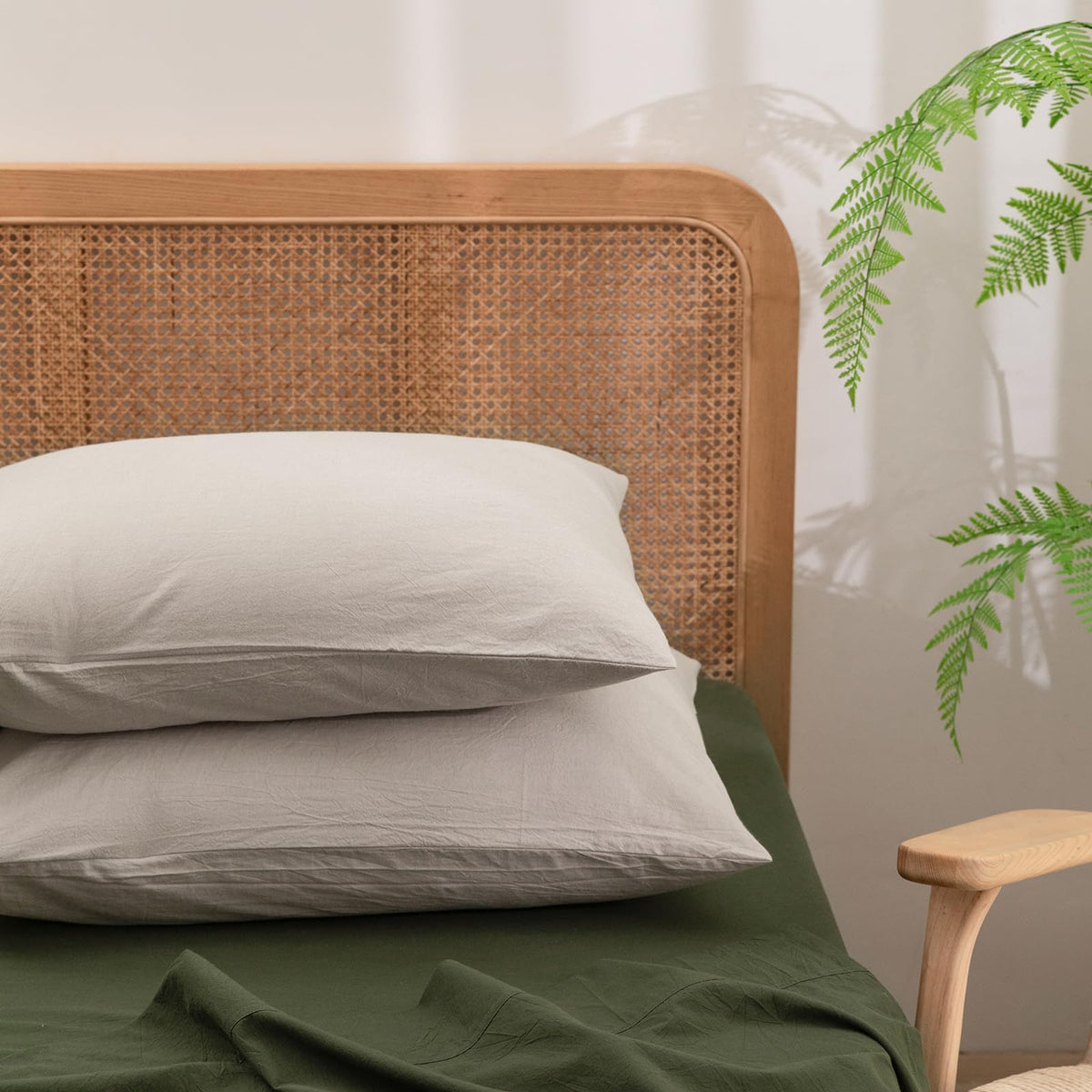 BESTOUCH Washed Cotton Pillowcases Linen Feel Olive Green Body