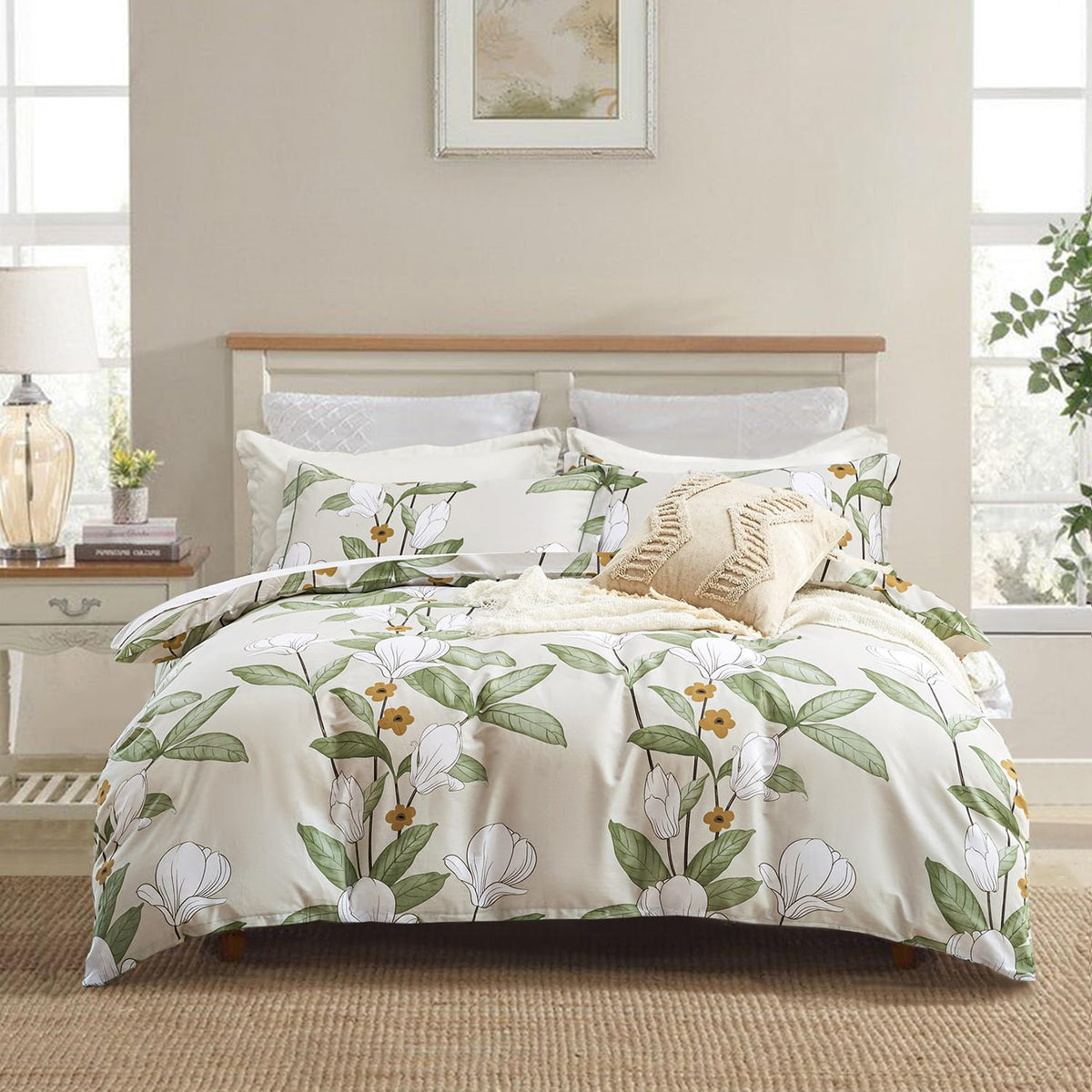 ALEISSEL Natural Cotton 3pcs Floral Comforter Sets King Size-Yellow Comforter with Pink & Yellow Flowers and Blue & Green Leaves on White, Reversible Lightweight Bedding Sets(King 104"×90")