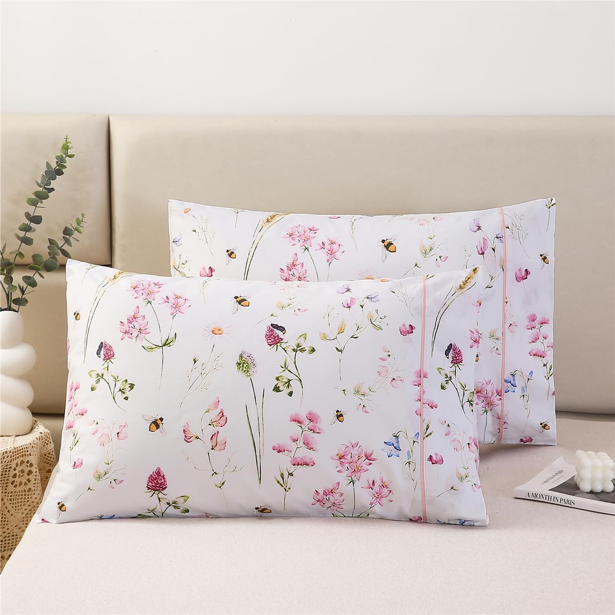 URBONUR 100% Cotton Pillowcases Set of 2 Standard Size Floral Printed Butterfly Pillow Cases Soft Breathable Cooling Pillowcase Decorative Pillow Cover (Standard, 20x26 Inches, Green Flowers)