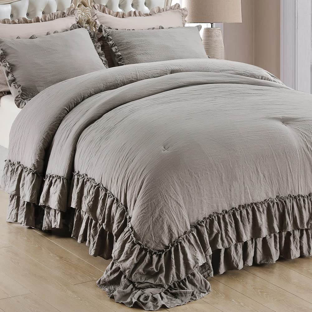 Masaca Ruffled Comforter Set Queen,Farmhouse Shabby Boho Chic Bedding Wheat and White Ruffle Comforter Vintage Rustic French Country Elegant Bedding Set 3PCS