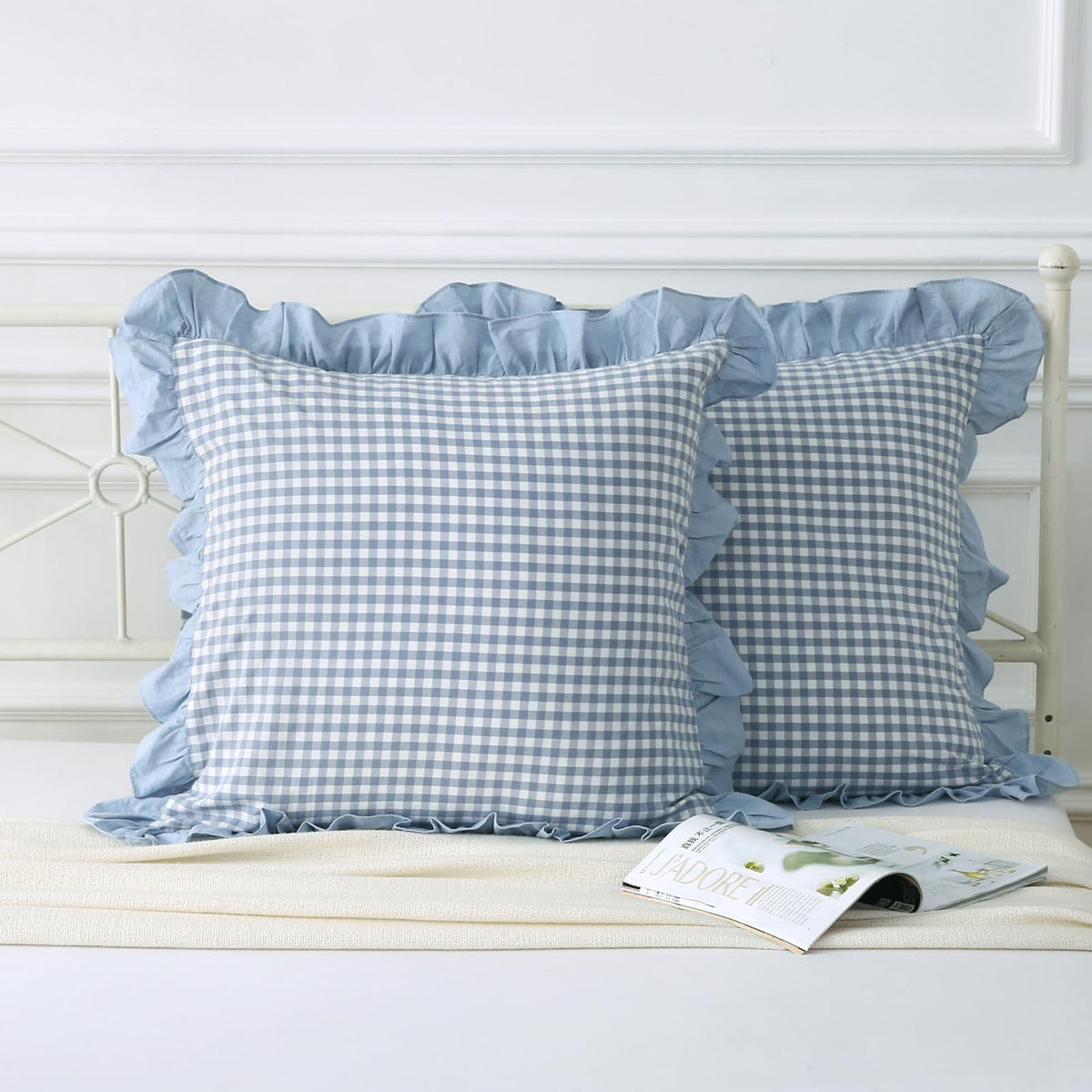 Mywinlle Taupe Plaid Gingham Ruffle Decorative Throw Pillow Covers 18"x18"