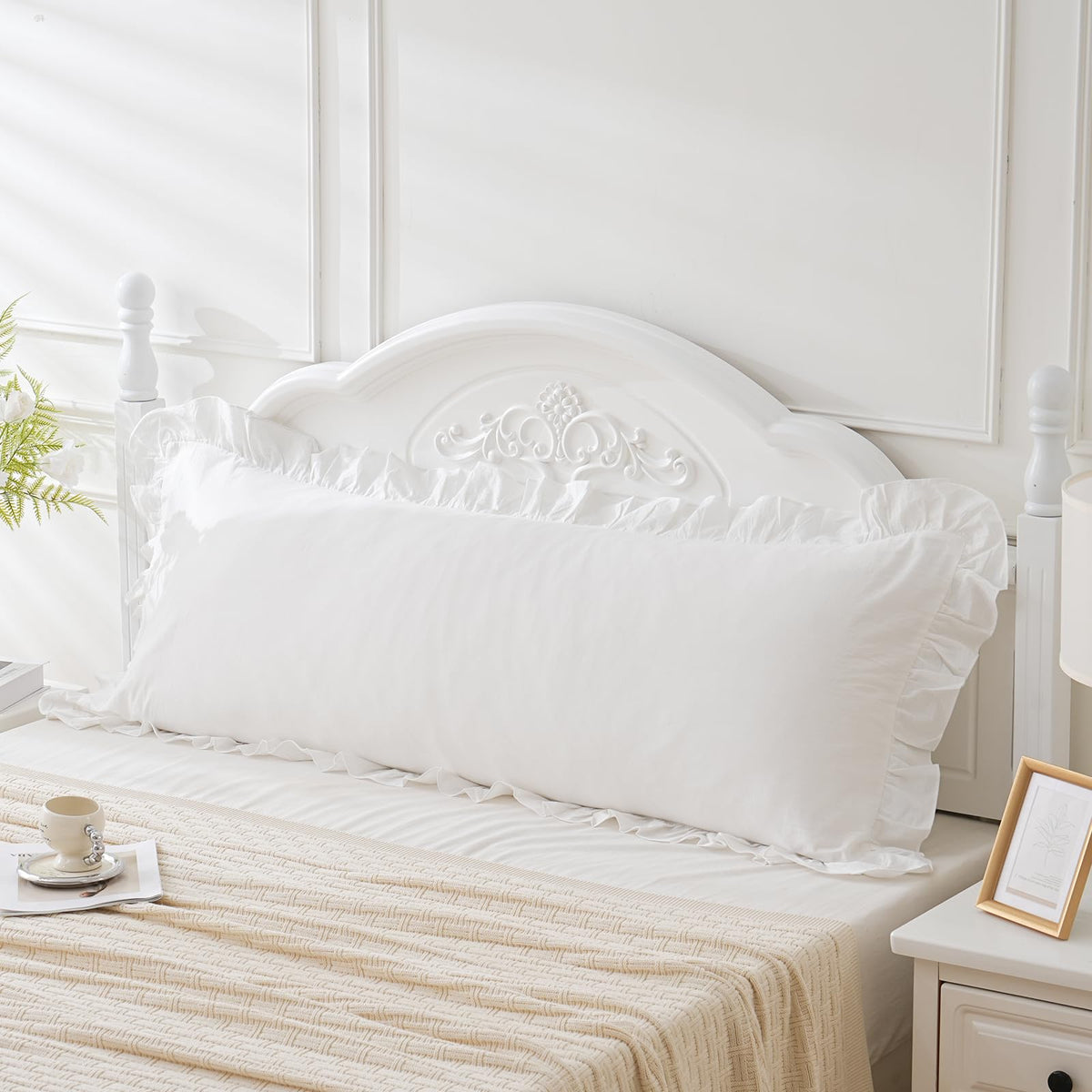 Taupe/White Plaid Ruffled Body Pillow Cover Washed Cotton 20"x54"