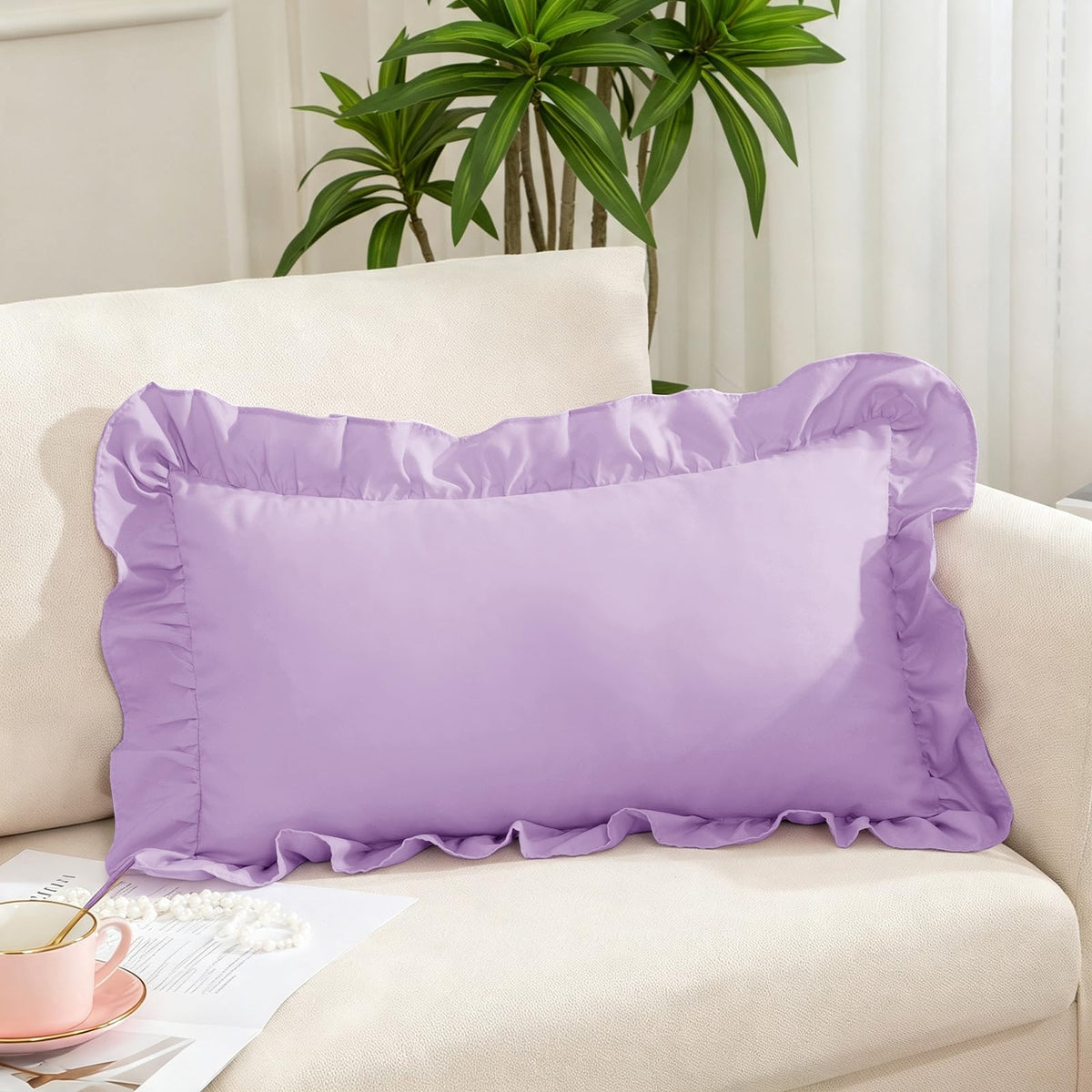 Pink Ruffle Lumbar Pillow Cover, 12x20 Inch