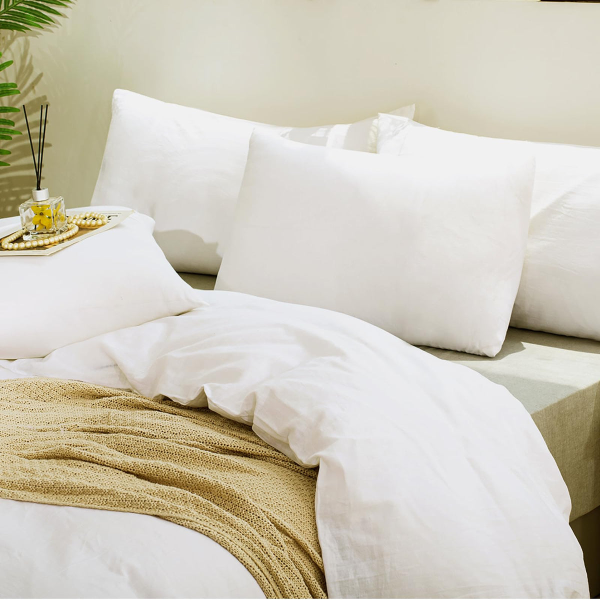 TUMEI 100% Linen King Pillow Cases Set of 2 (20"x36"), White Natural Linen