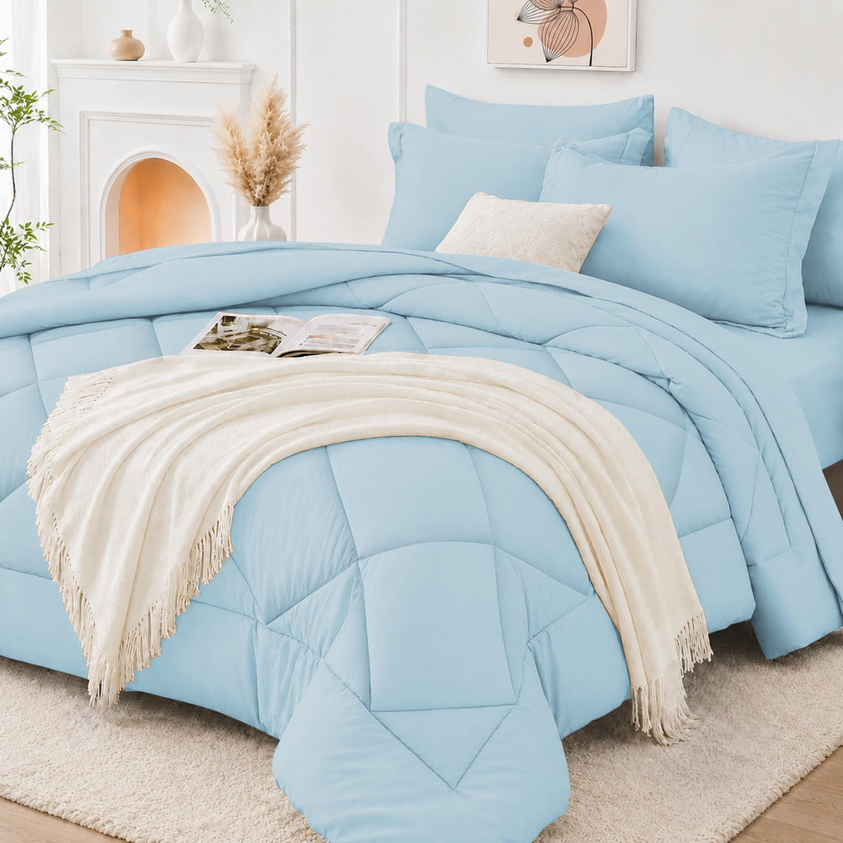 FUANNA Full Size Comforter Sets 7 PCS, Navy Blue Bed Set, Soft Bed in a Bag