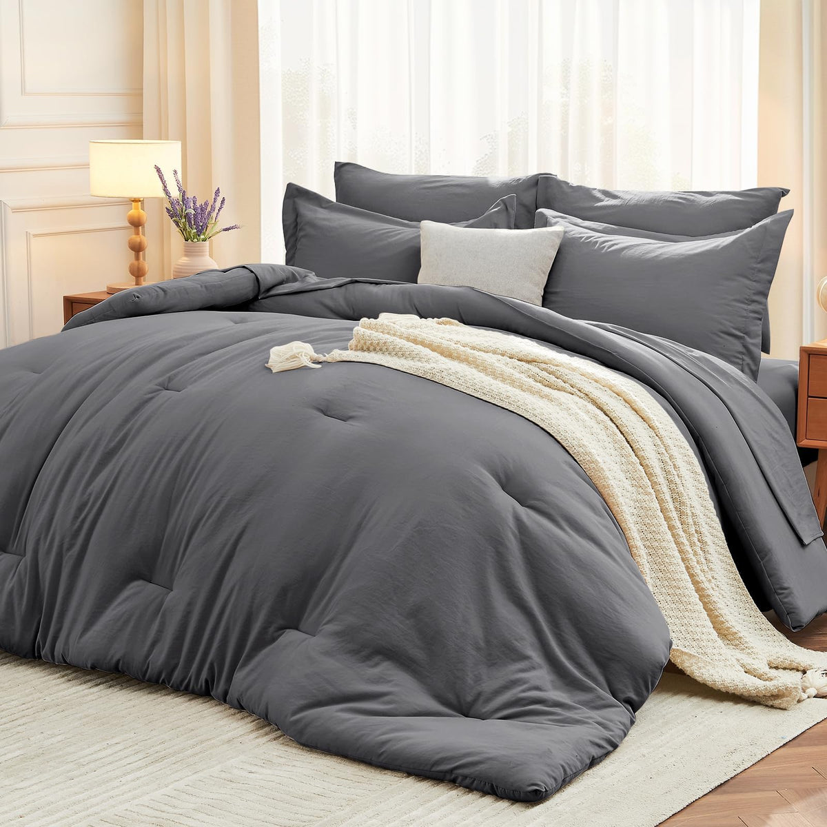 MUXHOMO King Comforter Set 7 Pieces, Soft Bed in a Bag, Beige