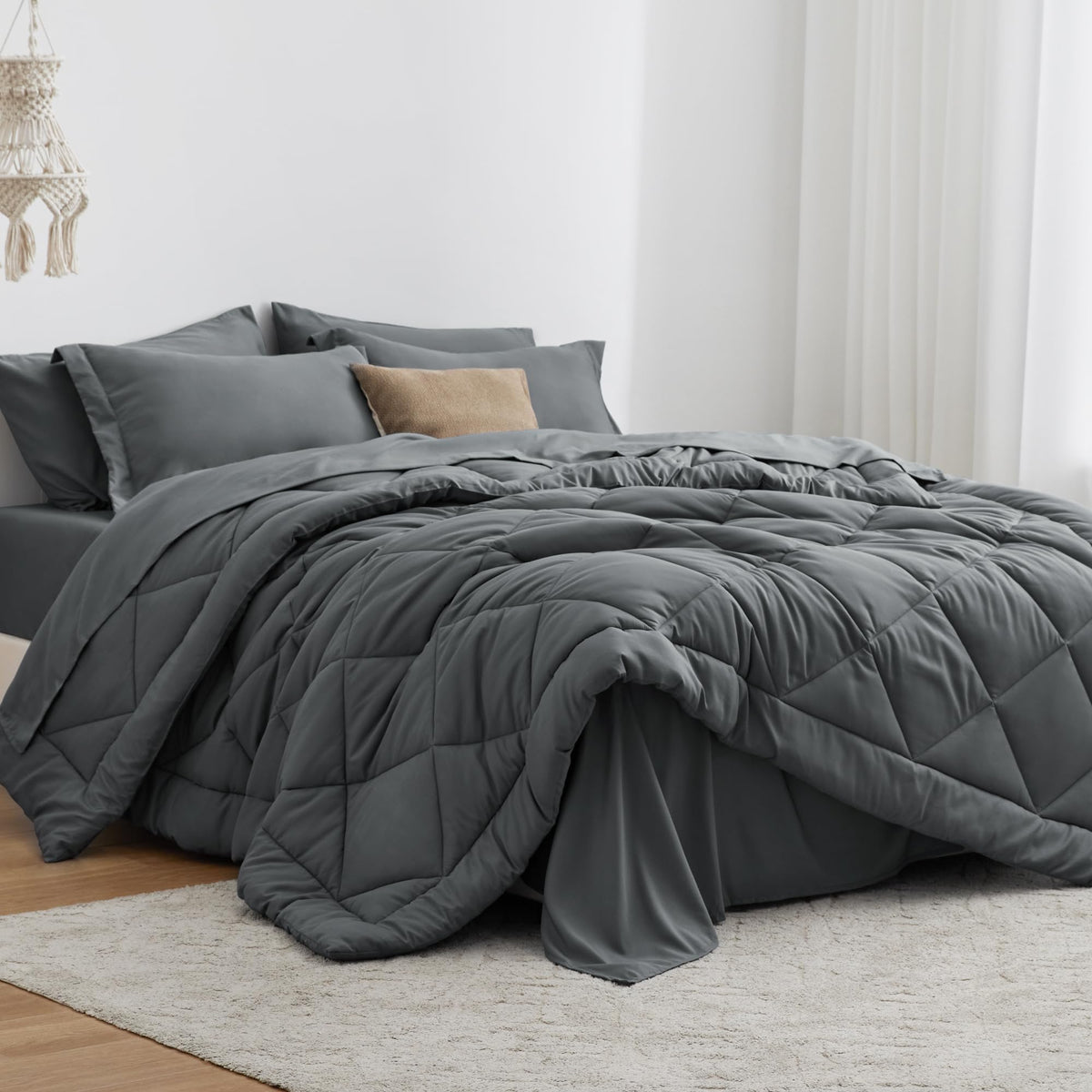 Love's cabin Full Comforter Set Black, 7 Pieces Full Bed in a Bag, All Season Bedding Sets with 1 Comforter, 1 Flat Sheet, 1 Fitted Sheet, 2 Pillowcase and 2 Pillow Sham