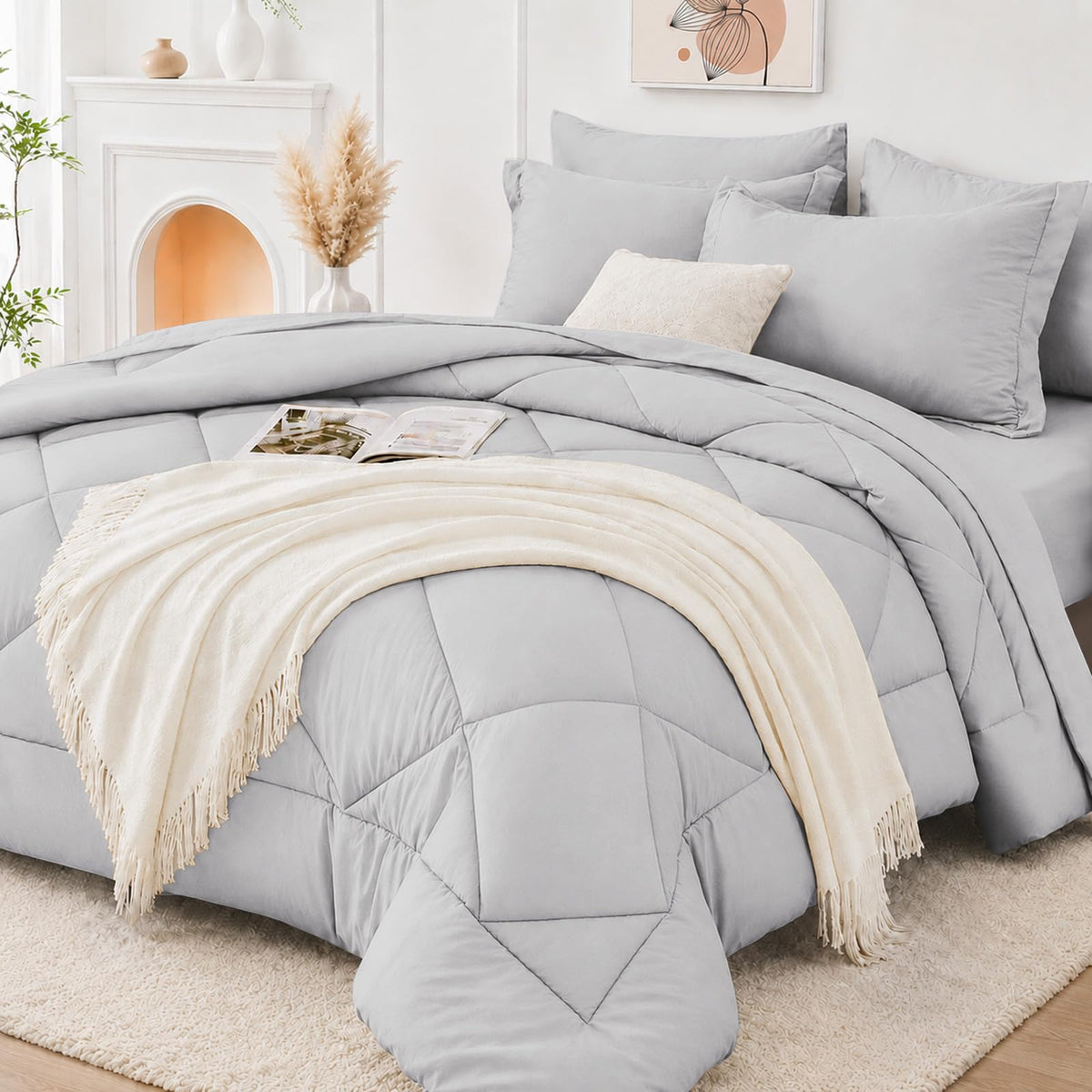 FUANNA Full Size Comforter Sets 7 PCS, Navy Blue Bed Set, Soft Bed in a Bag