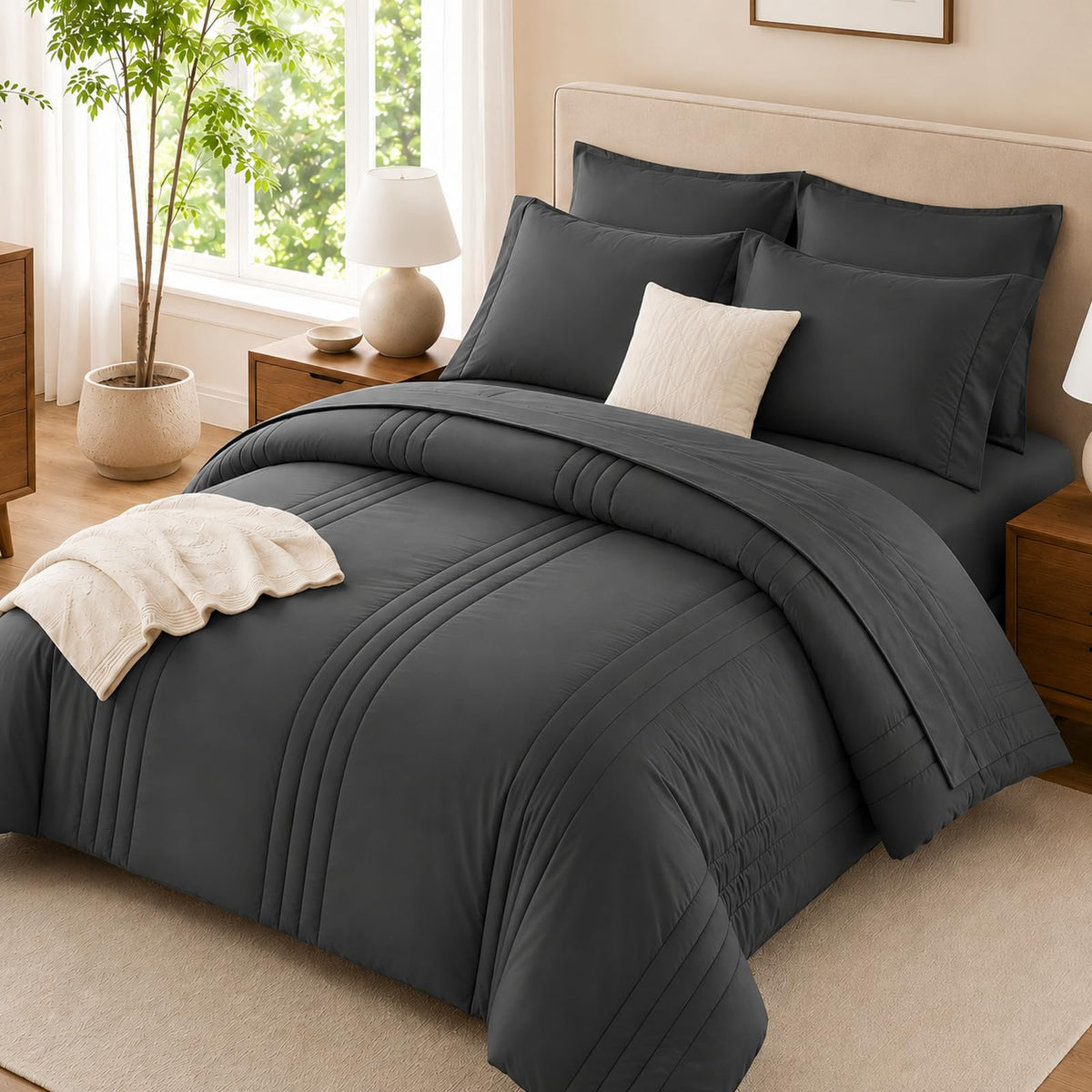 Queen Comforter Set with Sheets, 7-Piece Bed in a Bag Queen Black