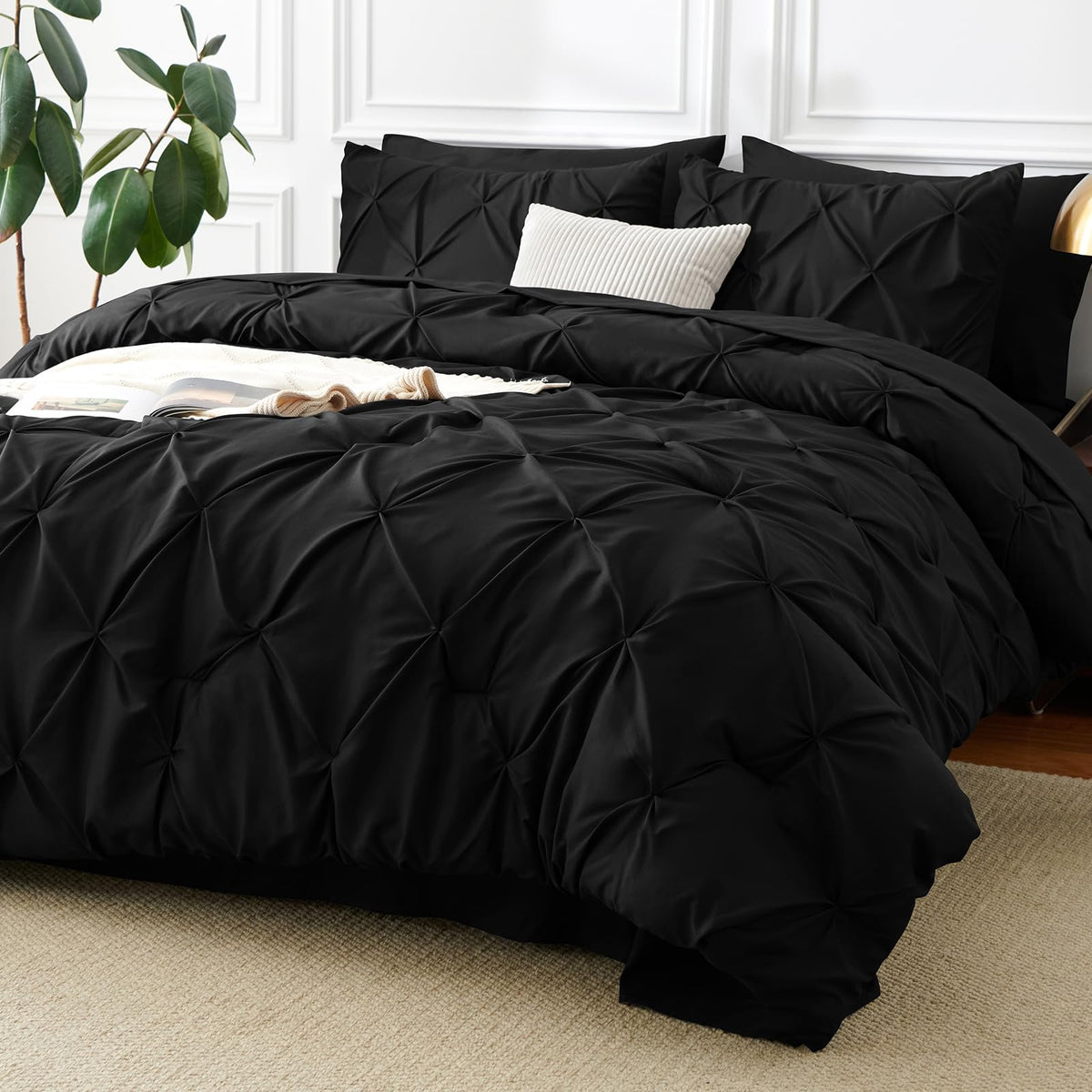 CozyLux Queen Comforter Set Black, 7 Pieces Pintuck Bed in a Bag