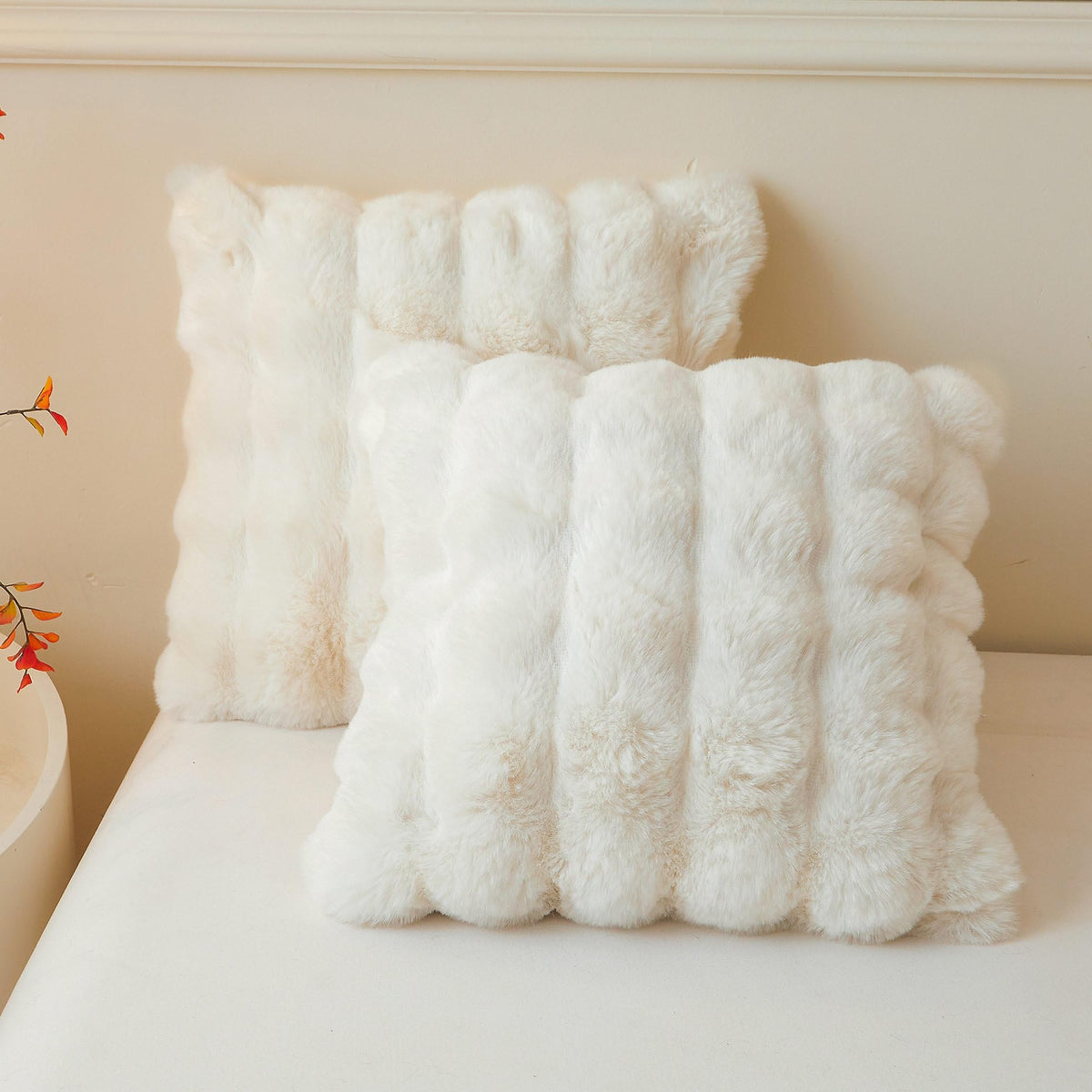 LIFEREVO 2 Pack Fluffy Faux Rabbit Fur Standard Pillow Cases, Beige