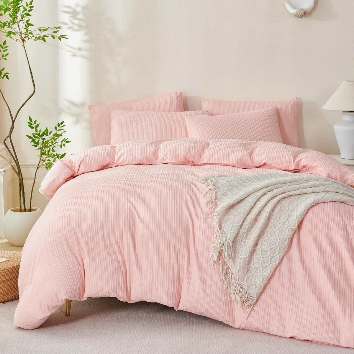 Sage Green Queen Size Comforter Set Striped 100% Soft Washed Microfiber Jacquard 3 Pieces Striped Bedding Sets Green White Comforter Queen for All Seasons and 2 Pillowcases Comfort Breathable
