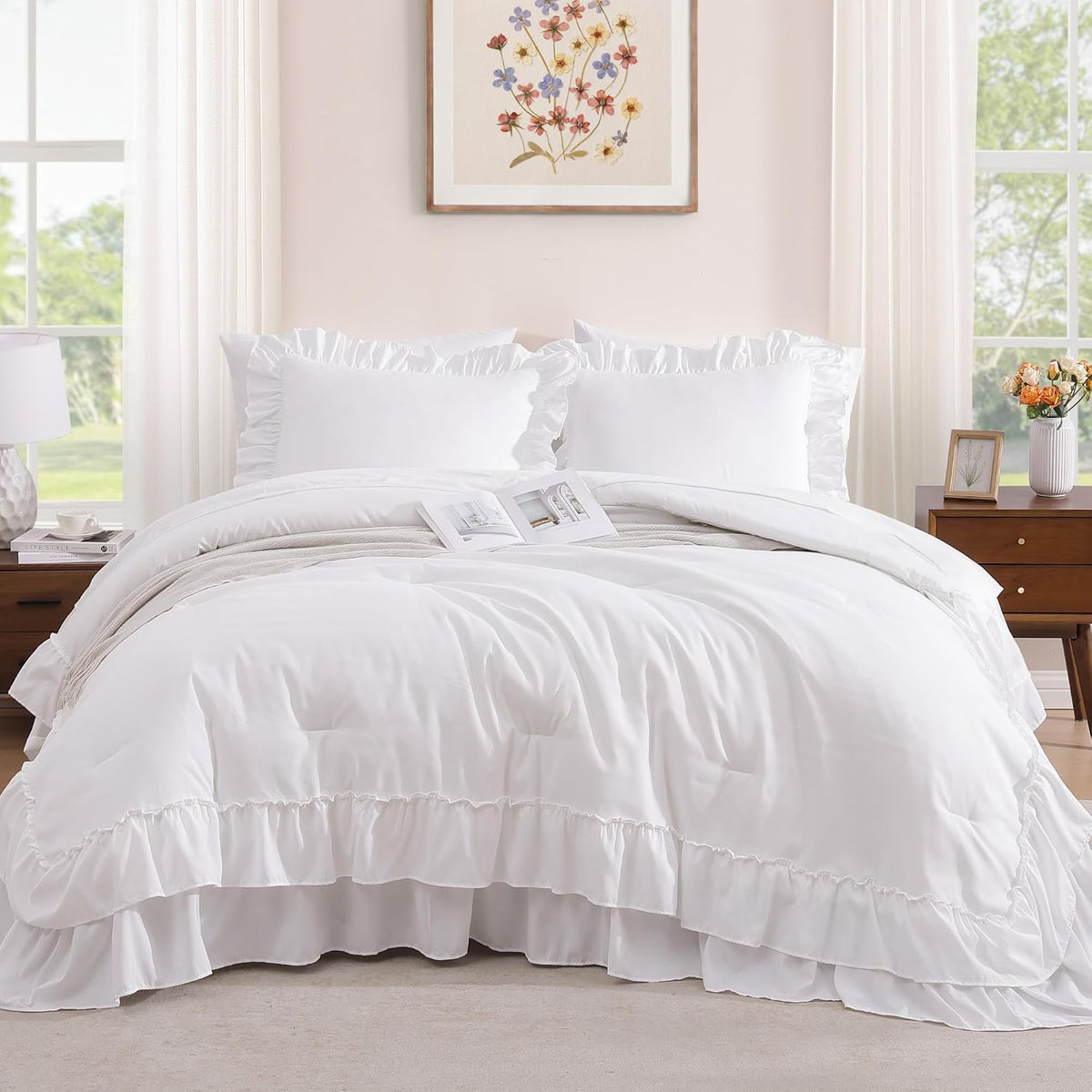 AMBERSPACE Queen Comforter Set White Ruffle 7 Pieces Farmhouse Bed in a Bag