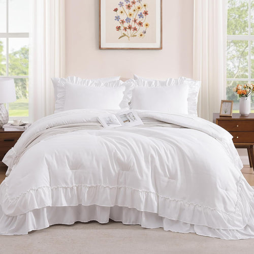 AMBERSPACE Queen Comforter Set White Ruffle 7 Pieces Farmhouse Bed in a Bag