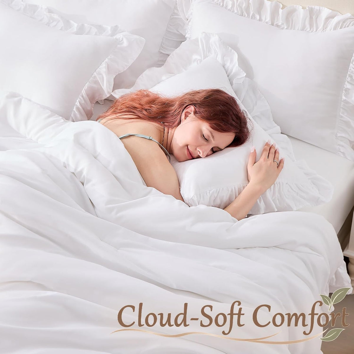 White Ruffle Comforter Set Queen Size, 3-Piece Shabby Chic Bedding