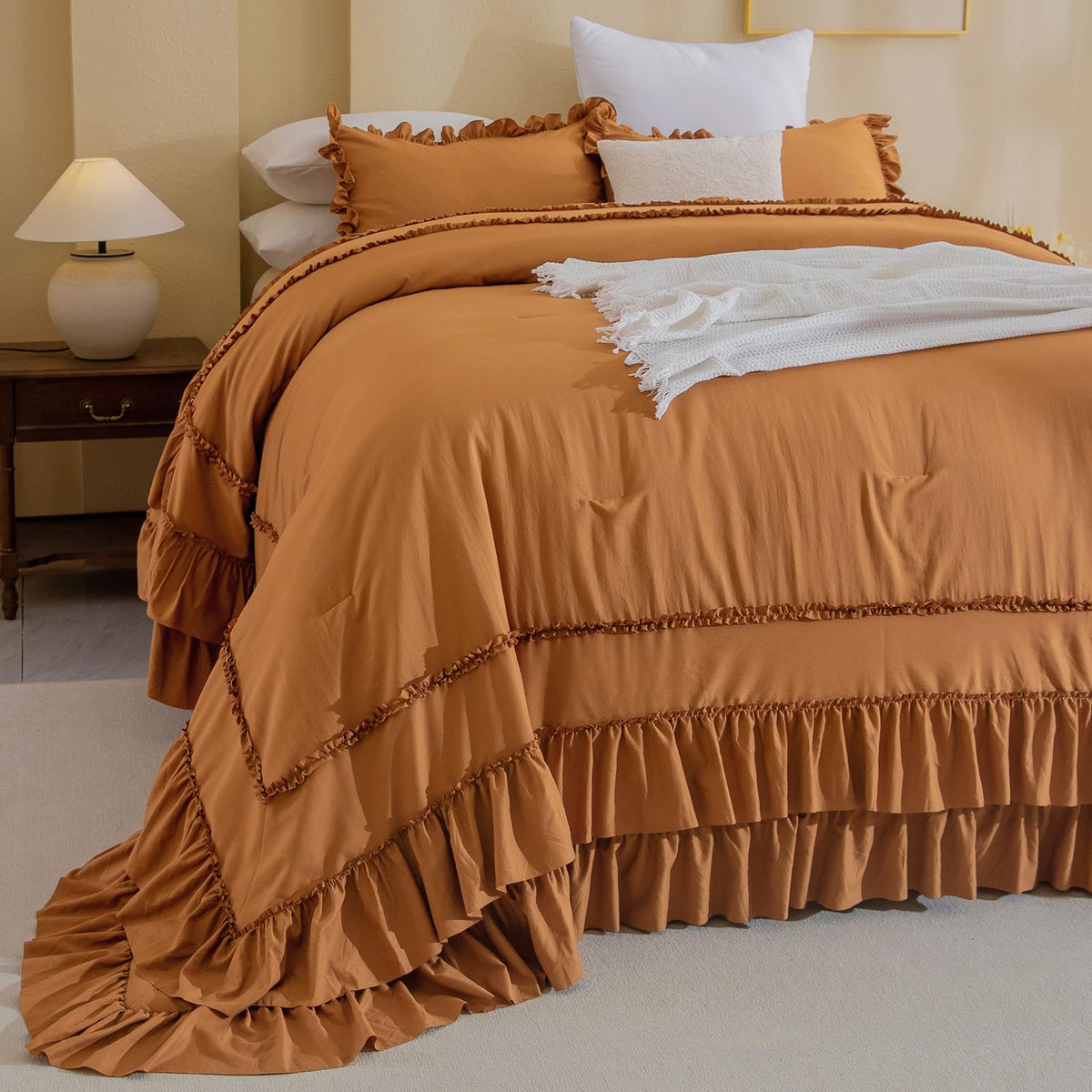 Masaca Ruffled Comforter Set Queen,Farmhouse Shabby Boho Chic Bedding Wheat and White Ruffle Comforter Vintage Rustic French Country Elegant Bedding Set 3PCS