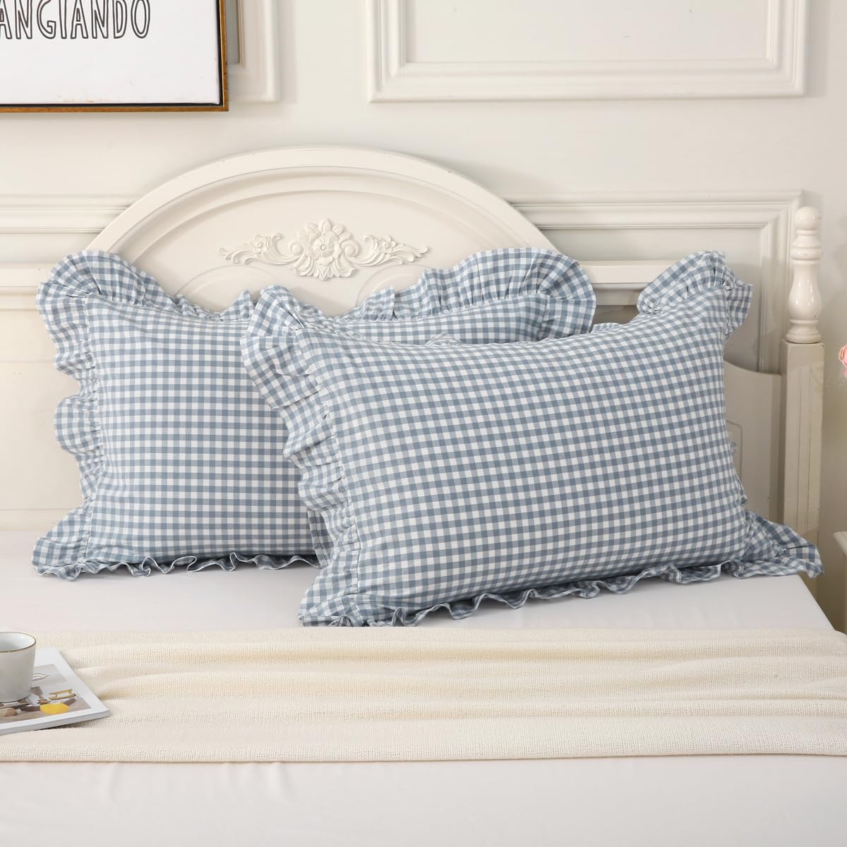 Mywinlle Taupe Plaid Gingham Ruffle Decorative Throw Pillow Covers 18"x18"