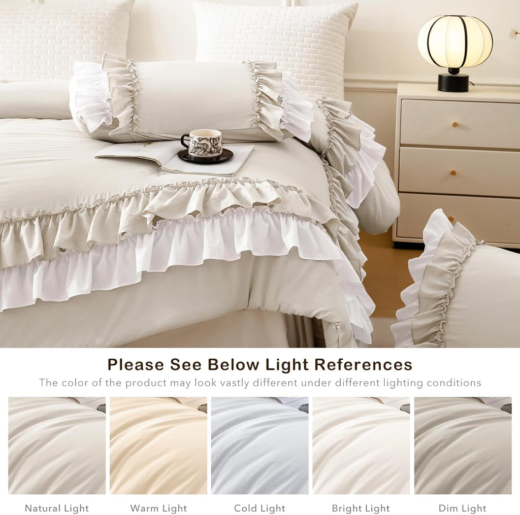 Masaca Ruffled Comforter Set Queen,Farmhouse Shabby Boho Chic Bedding Wheat and White Ruffle Comforter Vintage Rustic French Country Elegant Bedding Set 3PCS