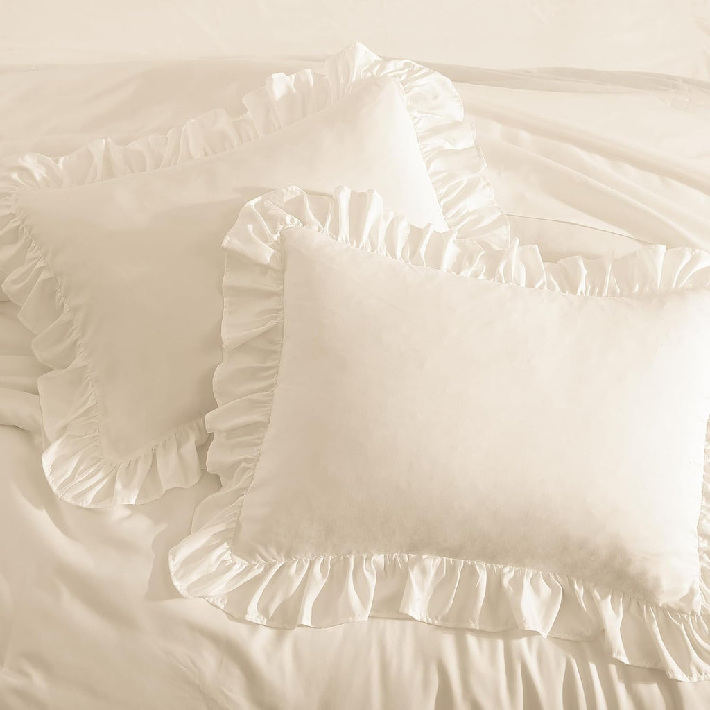King Comforter Set Whisper White Ruffle 7 Pieces Farmhouse Bed in a Bag