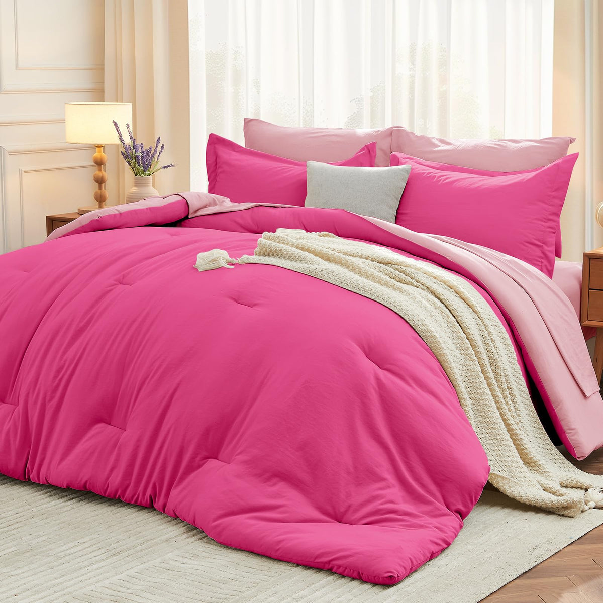MUXHOMO King Comforter Set 7 Pieces, Soft Bed in a Bag, Beige
