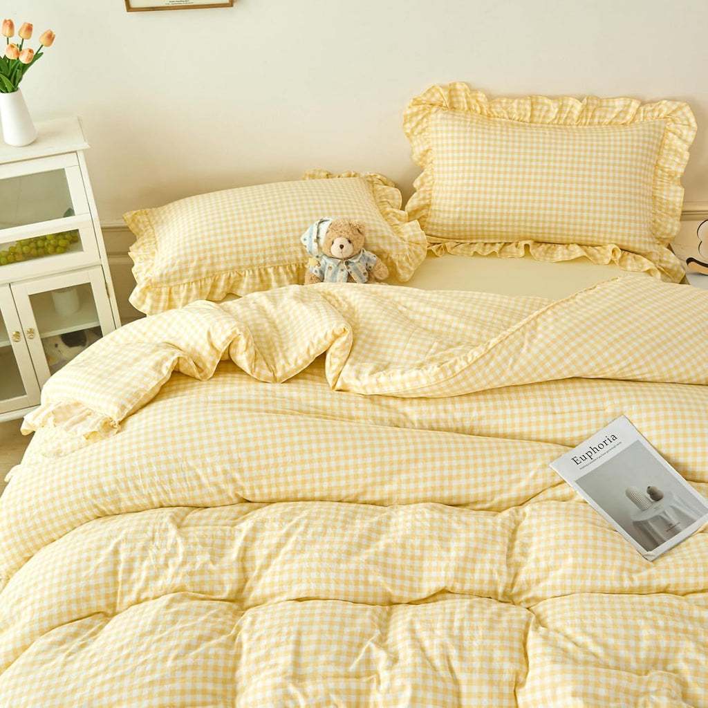 RYNGHIPY 5 Pcs Gingham Bedding Set Queen Yellow Ruffle Comforter Sets