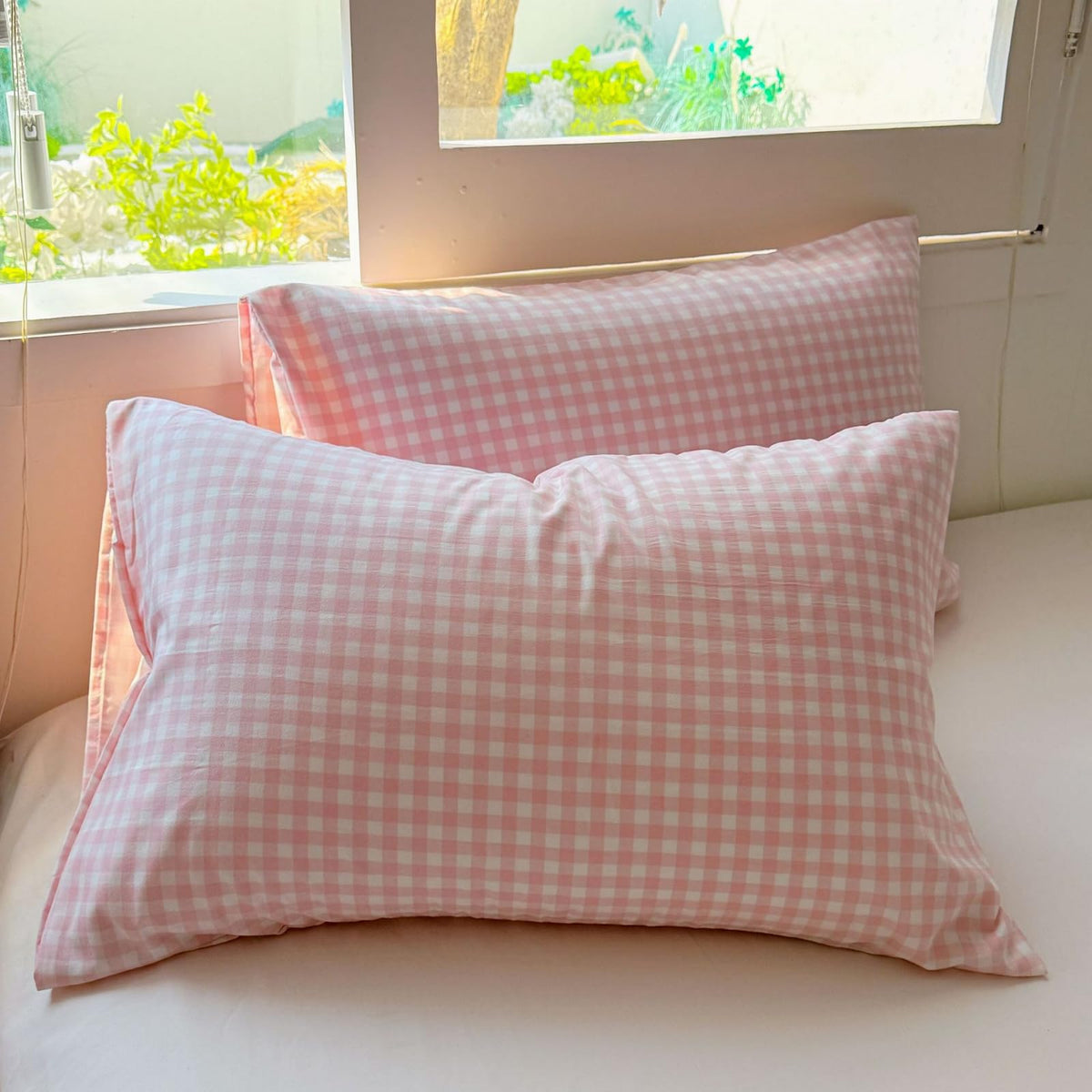 Tan Gingham Pillowcases Set Farmhouse Standard Size Pillow Shams Buffalo Taupe Plaid Pillowcases Set of 2, Grid Checkered Gingham Washed Cotton Pillow Covers with Envelope Closure, 20"×26"