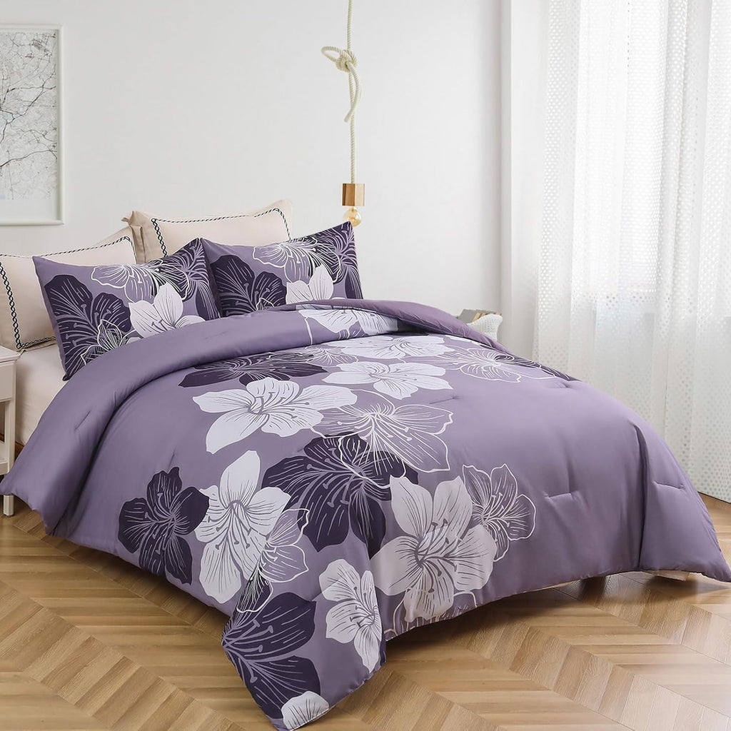 Menghomeus Queen Comforter Set, 3 Piece Dark Purple Floral Bedding Sets