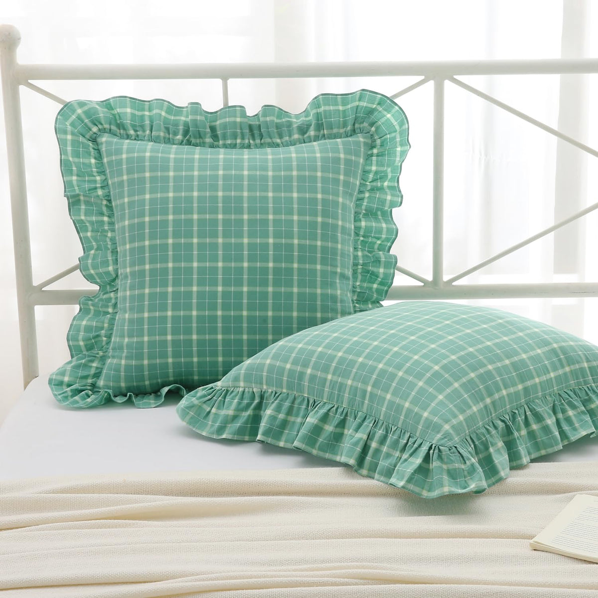 Mywinlle Taupe Plaid Gingham Ruffle Decorative Throw Pillow Covers 18"x18"