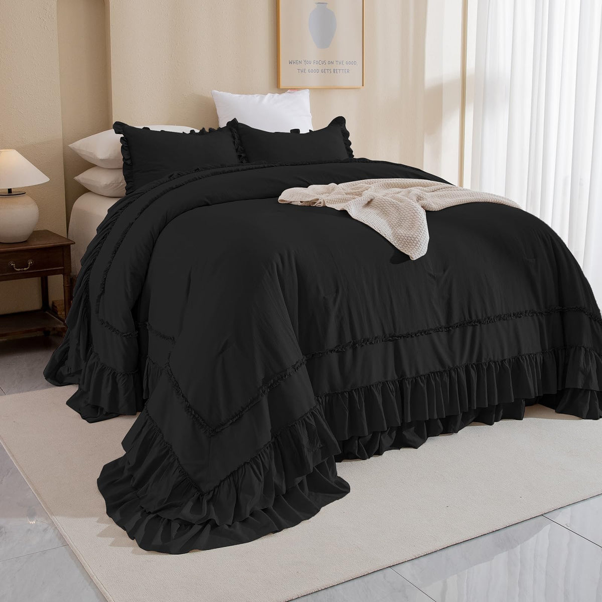 Masaca Ruffled Comforter Set Queen,Farmhouse Shabby Boho Chic Bedding Wheat and White Ruffle Comforter Vintage Rustic French Country Elegant Bedding Set 3PCS