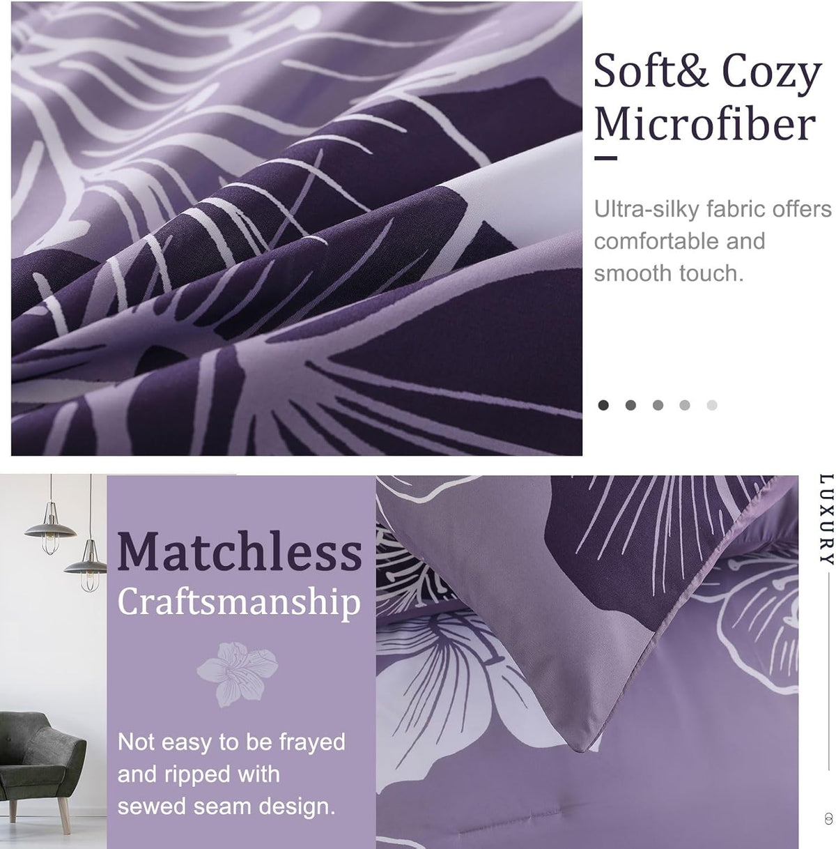 Menghomeus Queen Comforter Set, 3 Piece Dark Purple Floral Bedding Sets