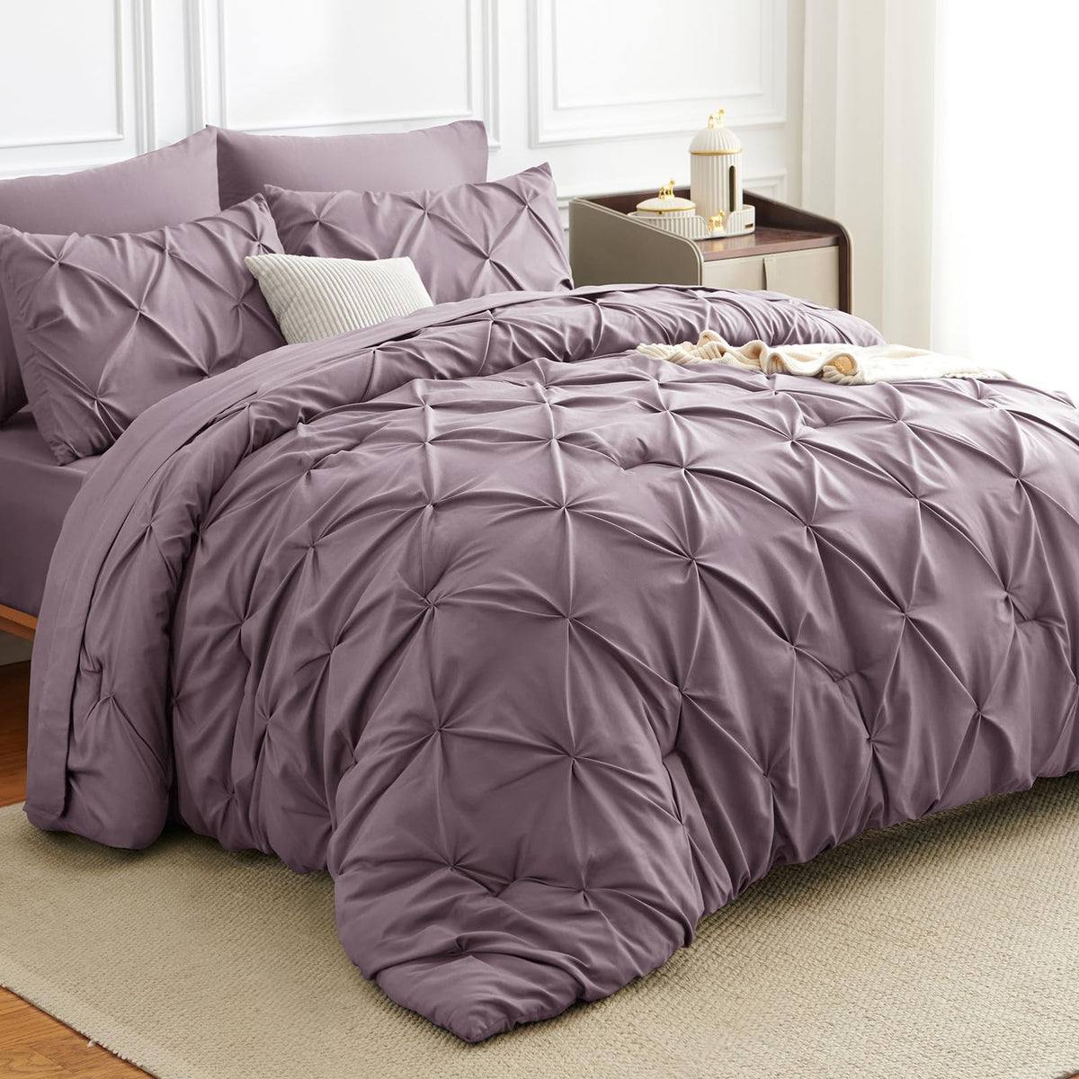 HIMEET Queen Comforter Set Black - 7 Pieces Pintuck Bed in a Bag