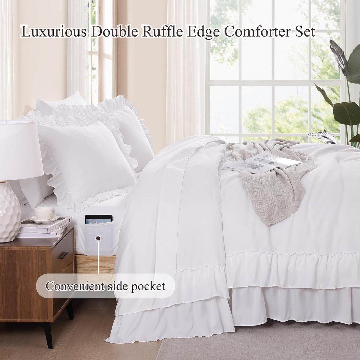 AMBERSPACE Queen Comforter Set White Ruffle 7 Pieces Farmhouse Bed in a Bag