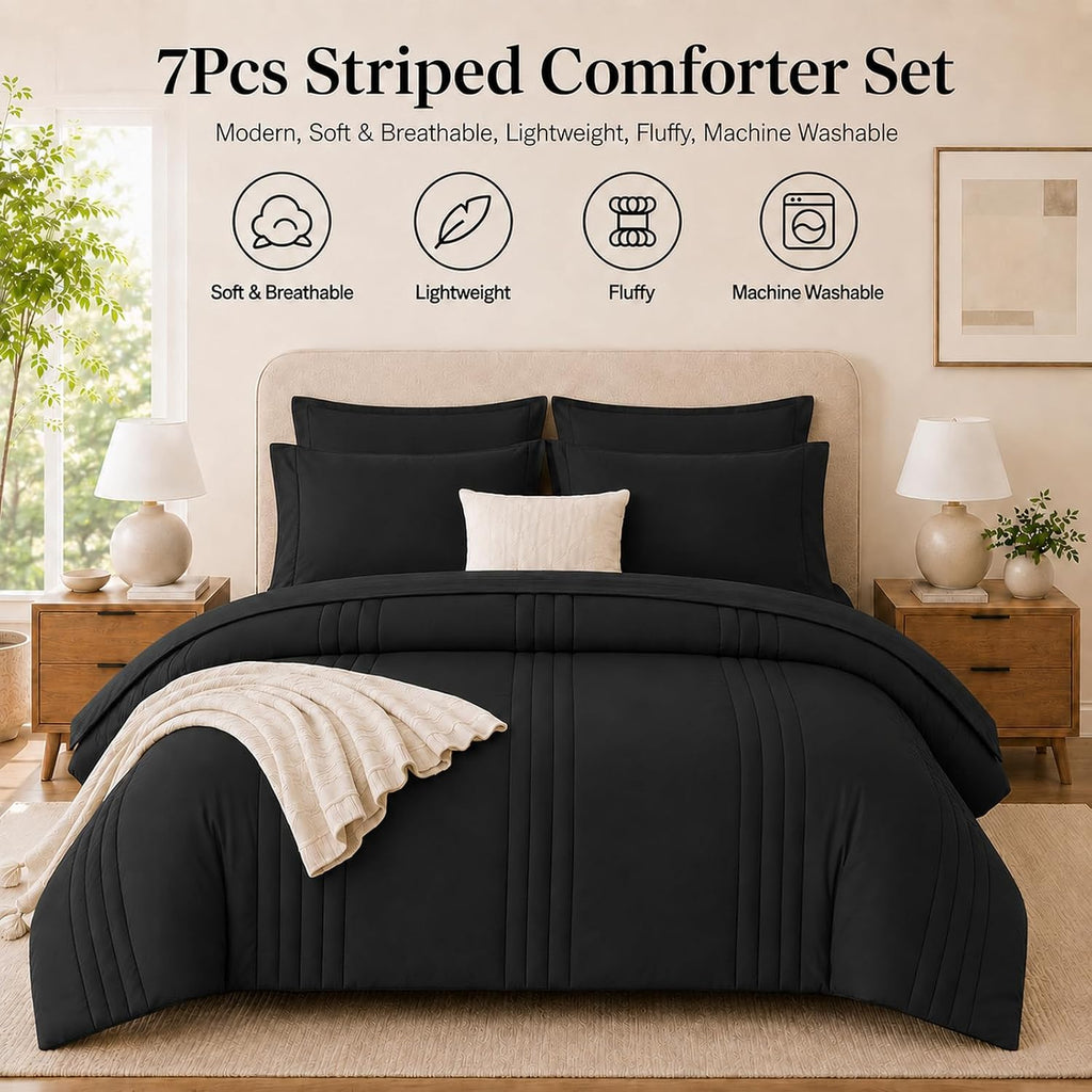 Queen Comforter Set with Sheets, 7-Piece Bed in a Bag Queen Black