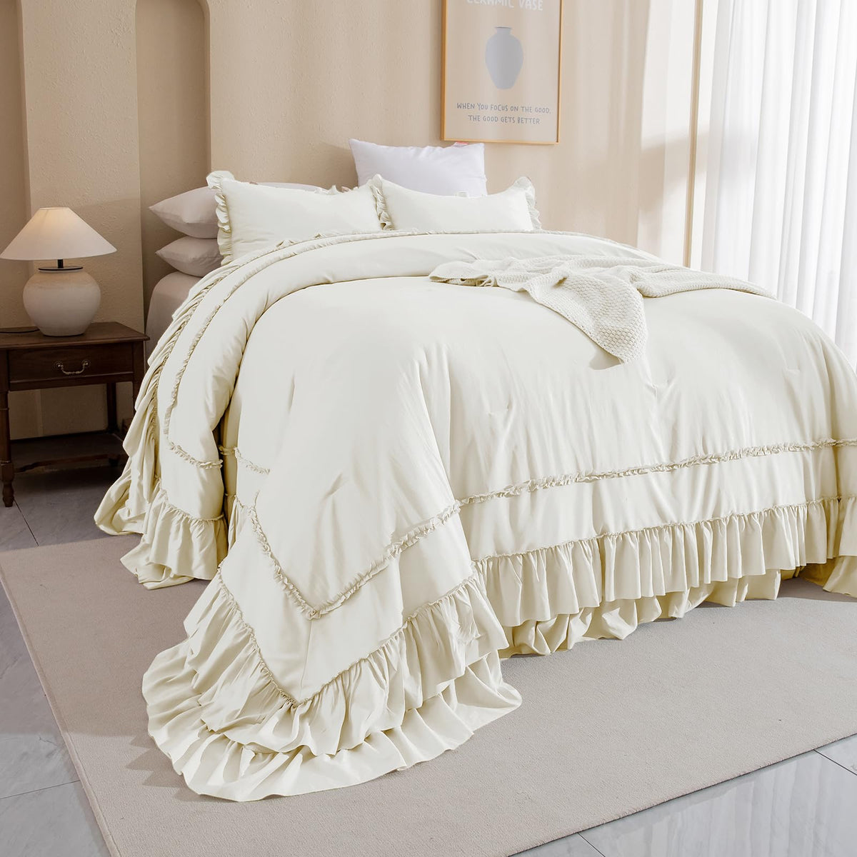 QSH Queen's House Light Blue Farmhouse Ruffled King Size Comforter Set,Lightweight Microfiber Inner Fill Fluffy Boho Chic Bedding Comforter,Ultra Soft Microfiber Inner Fill Bedding