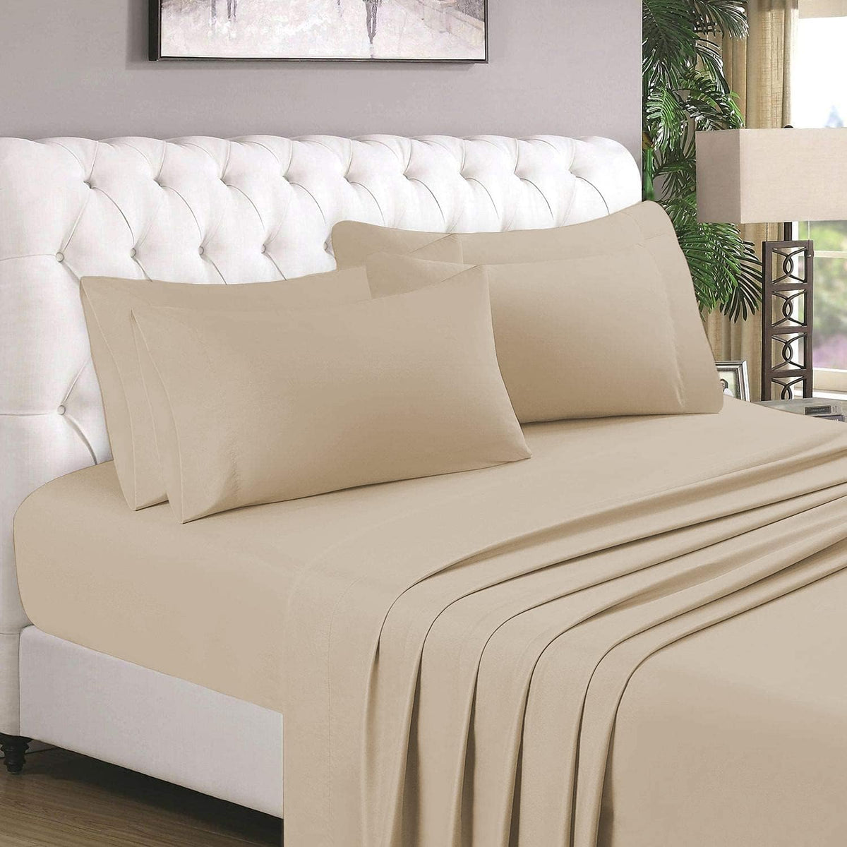 King Size 8 Piece Bed in a Bag - 500GSM Comforter Set with 18 inch Deep Fitted, Flat, Bed Skirt, Pillowcases & Shams, 600 Thread Count, Egyptian Cotton, Beige