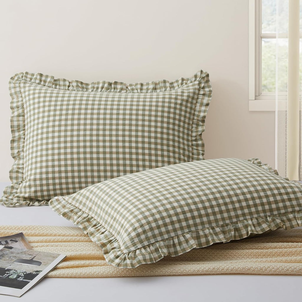 KKJIAF 2 Pcs Plaid Ruffle Pillow Case Standard Size, Sage Green Plaid