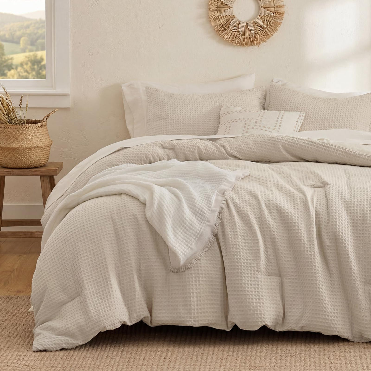 7 Pieces Comforter Set Queen Khaki Tufted Rose Soft Fluffy Boho Tufted Comforter Set All Season Bed in a Bag Set Shabby Chic Farmhouse Rustic Style Bedding