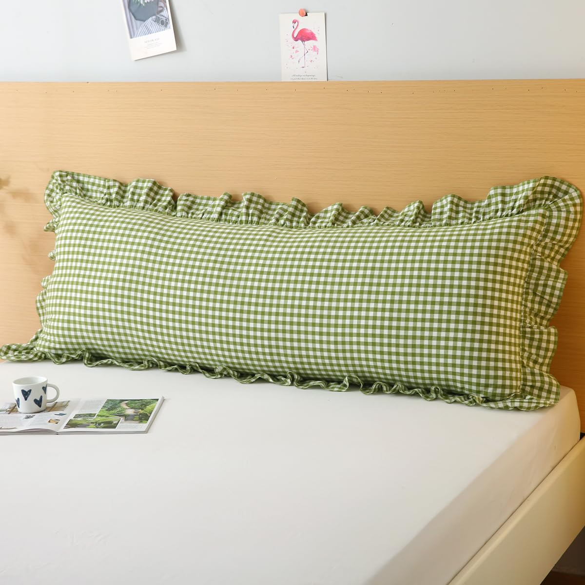 Silnuo Taupe/White Gingham Plaid Ruffled Pillow Covers Queen Size Set of 2