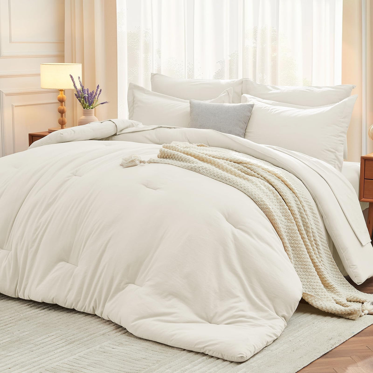 MUXHOMO King Comforter Set 7 Pieces, Soft Bed in a Bag, Beige