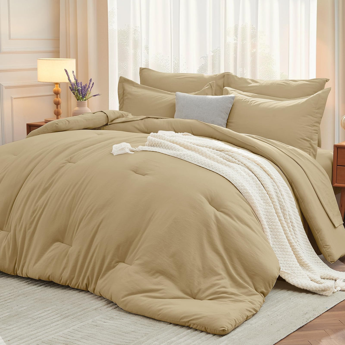 MUXHOMO King Comforter Set 7 Pieces, Soft Bed in a Bag, Beige