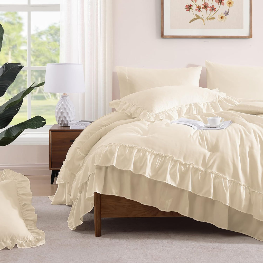 King Comforter Set Whisper White Ruffle 7 Pieces Farmhouse Bed in a Bag