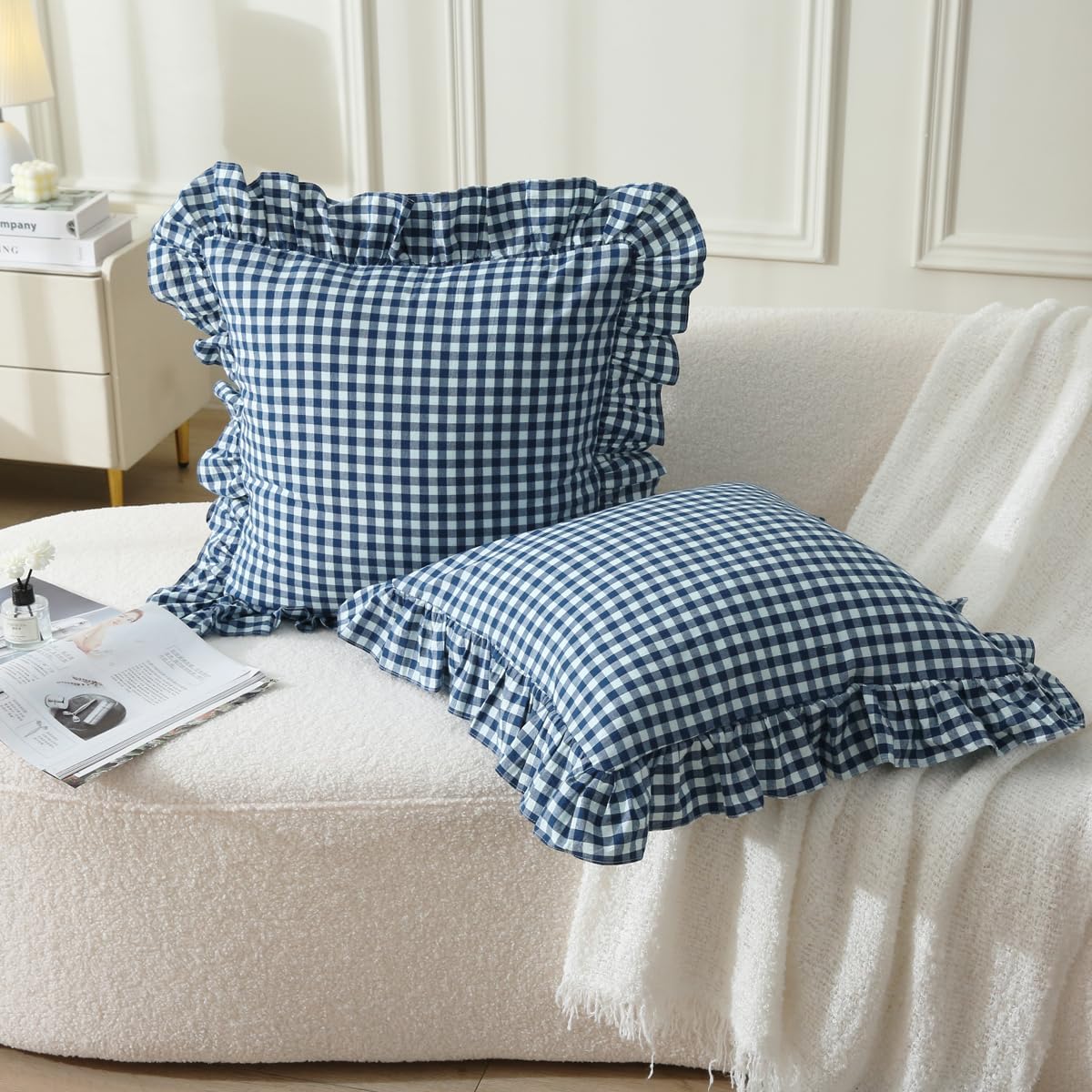 Silnuo Taupe/White Gingham Plaid Ruffled Pillow Covers Queen Size Set of 2