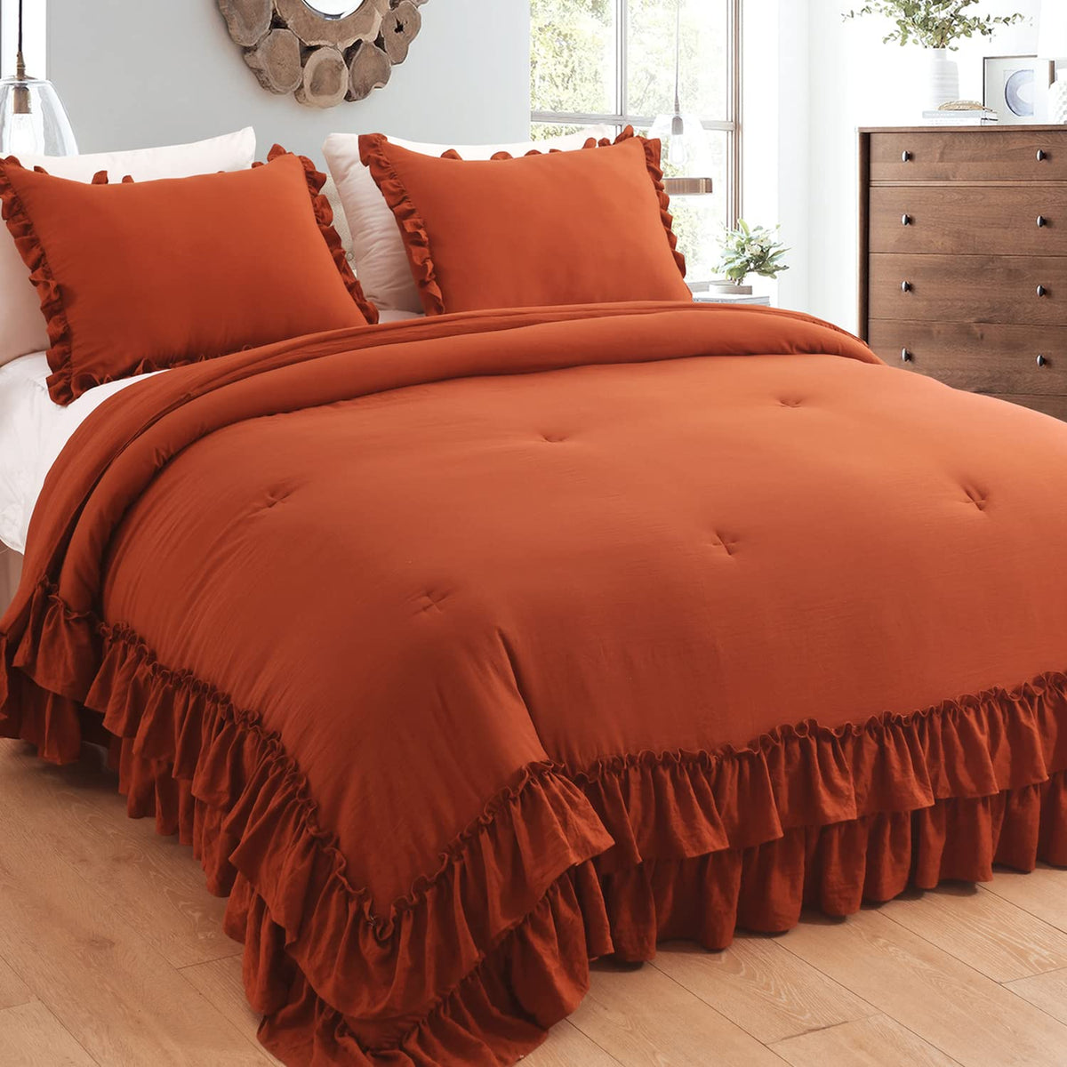Masaca Ruffled Comforter Set Queen,Farmhouse Shabby Boho Chic Bedding Wheat and White Ruffle Comforter Vintage Rustic French Country Elegant Bedding Set 3PCS