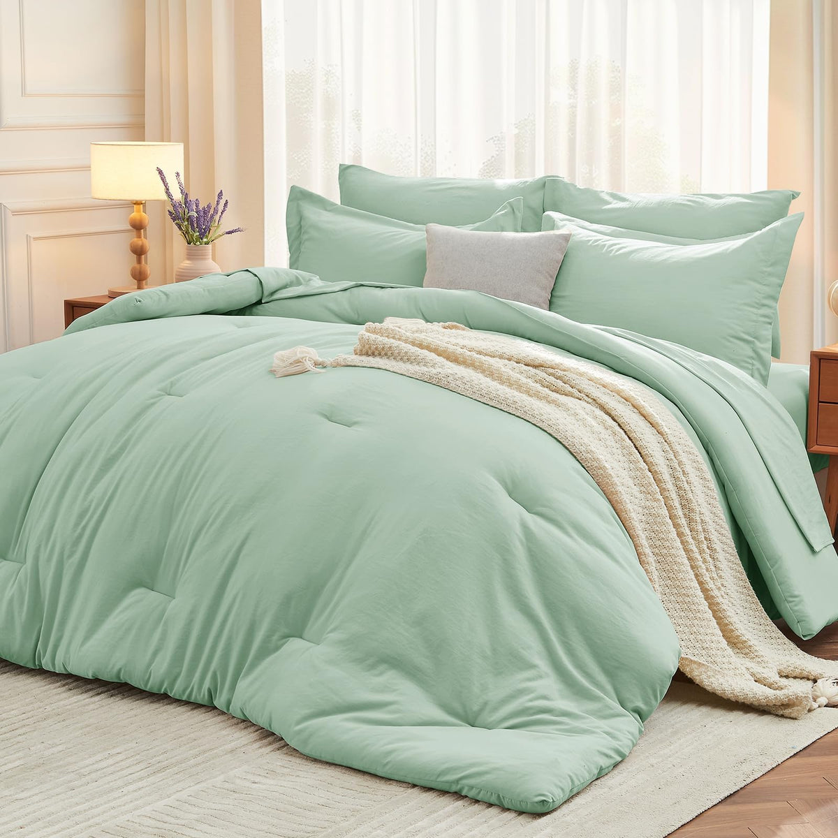 MUXHOMO King Comforter Set 7 Pieces, Soft Bed in a Bag, Beige