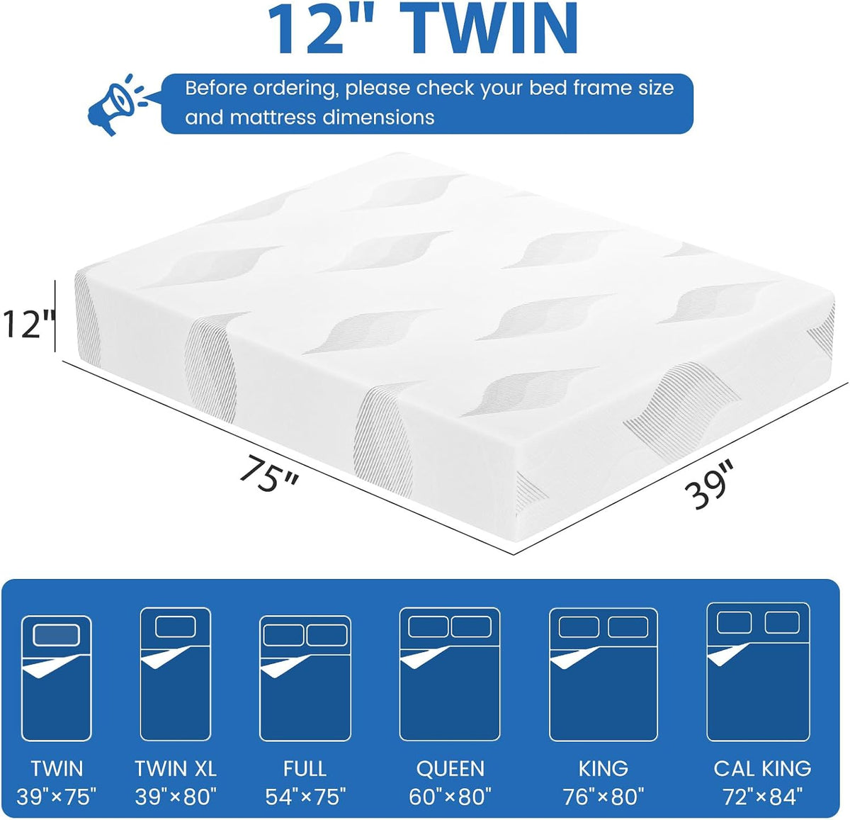 KOW Twin Mattress, 12 Inch Memory Foam Twin Size Mattress in a Box