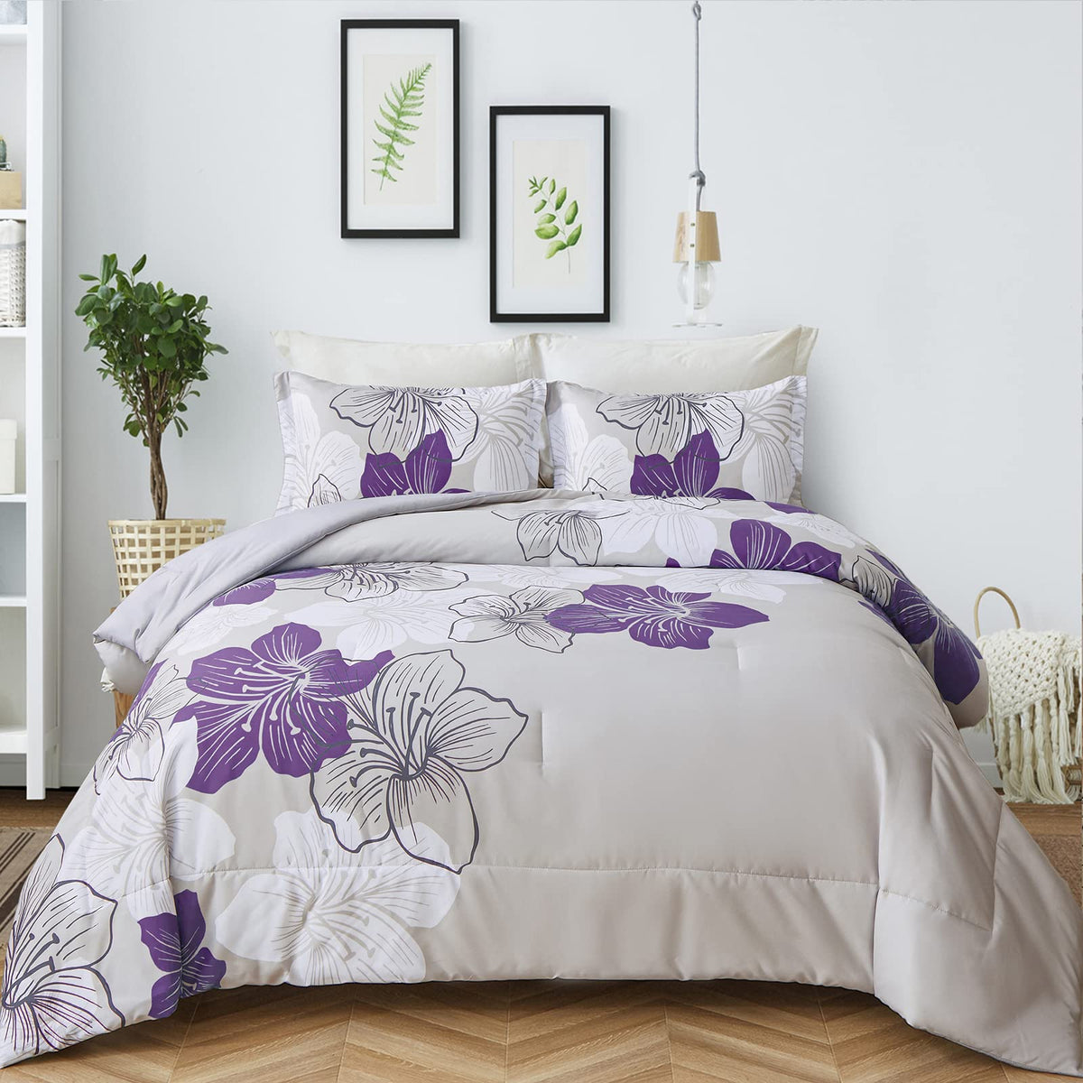 Menghomeus Queen Comforter Set, 3 Piece Dark Purple Floral Bedding Sets